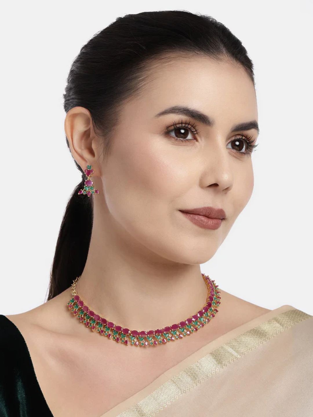 

I Jewels Magenta & Green Floral Studded Gold Plated Jewellery Set