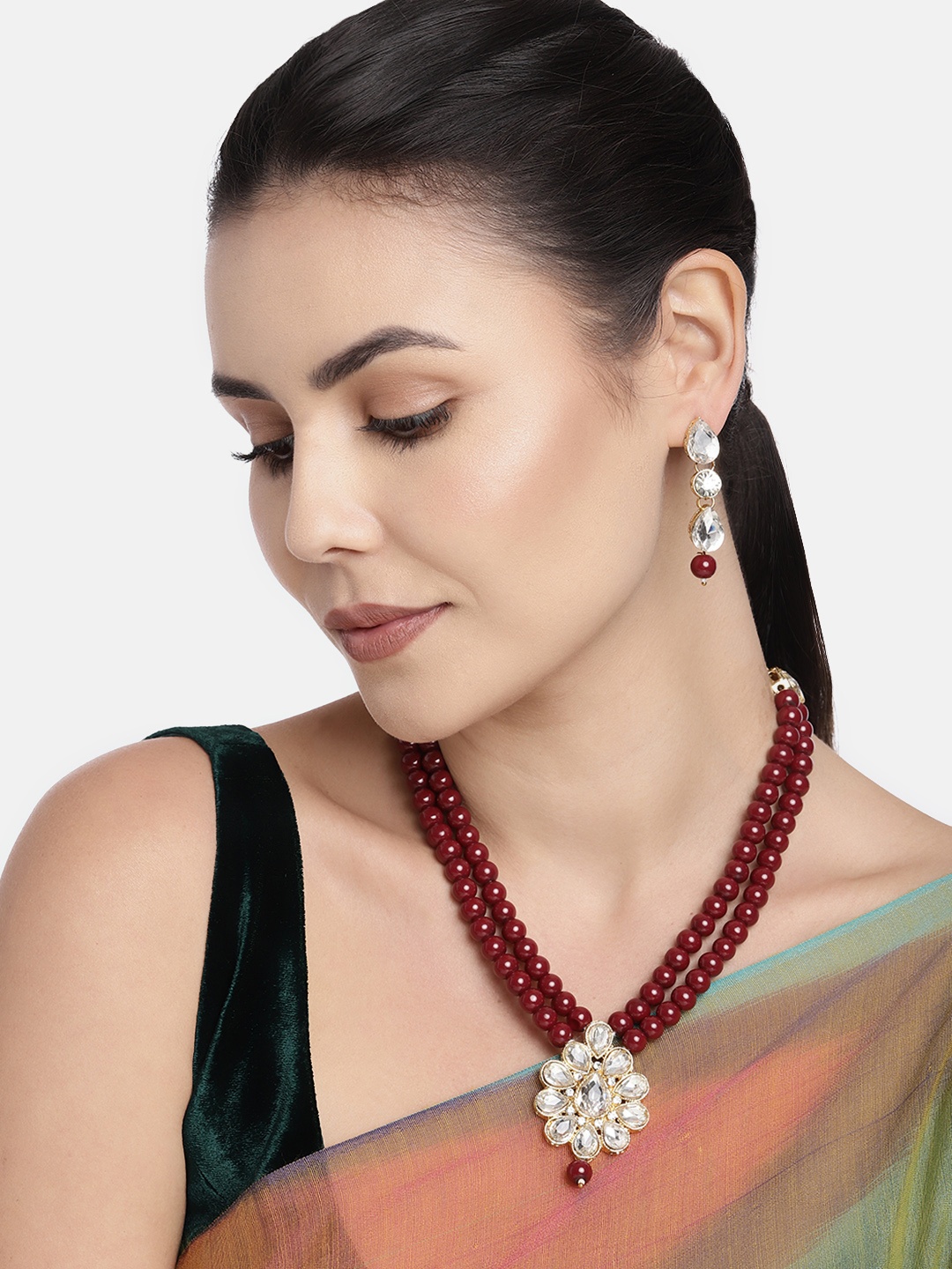 

I Jewels Maroon Pearl & Stone-Studded Gold-Plated Jewellery Set