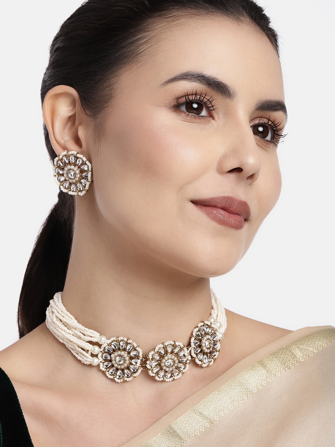 

I Jewels White Beaded Kundan-Studded Gold-Plated Choker Jewellery Set