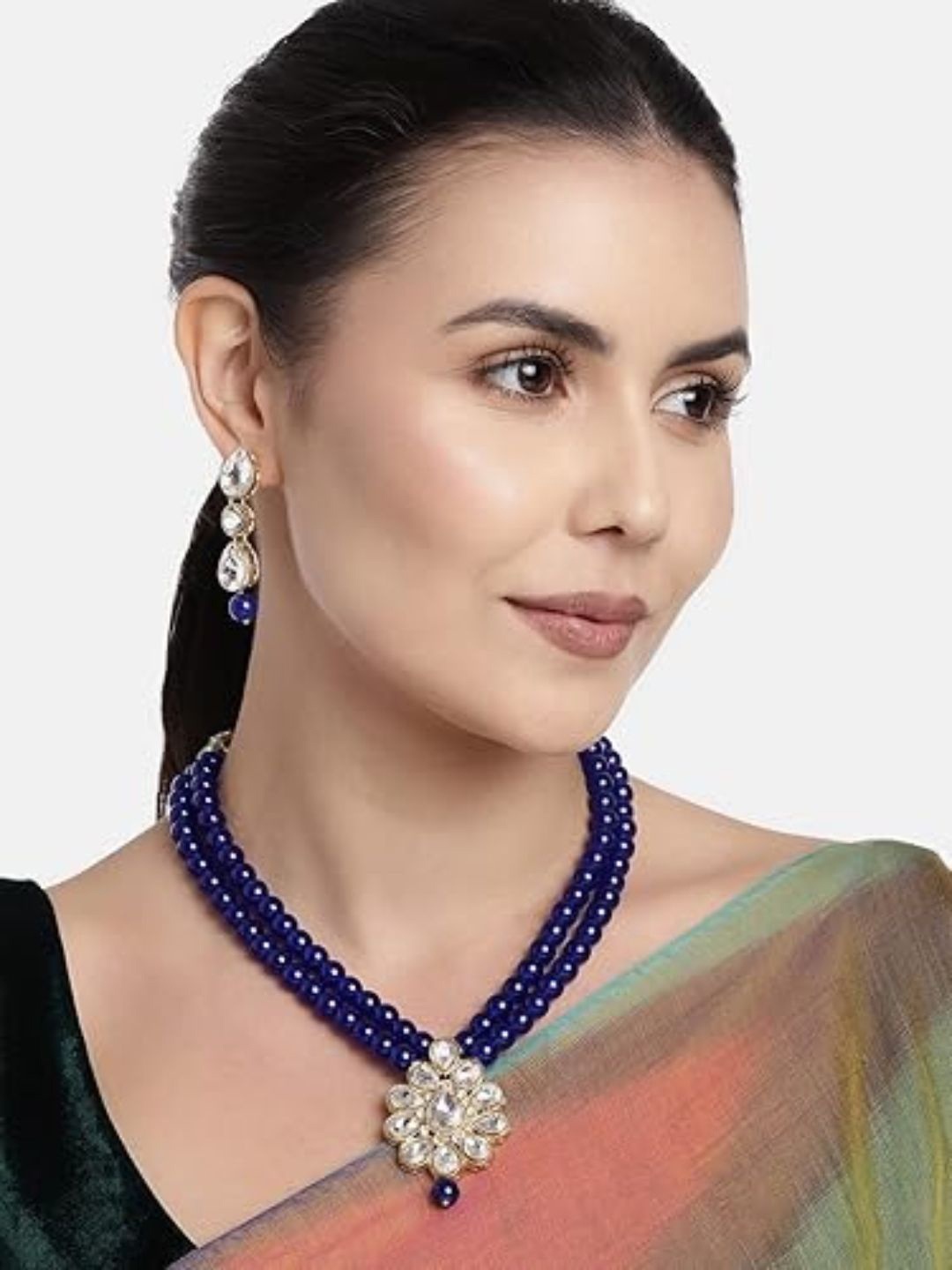 

I Jewels Blue & Gold-Plated Stone Studded & Beaded Jewellery Set