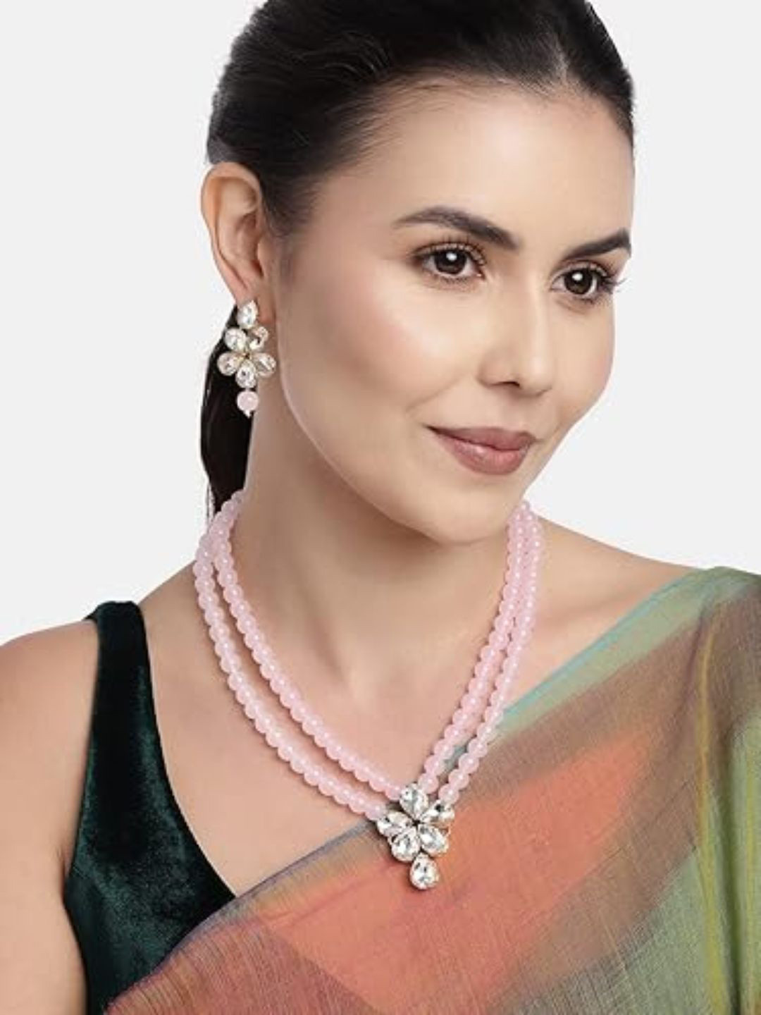 

I Jewels Pink & Gold-Plated Stone Studded & Beaded Jewellery Set