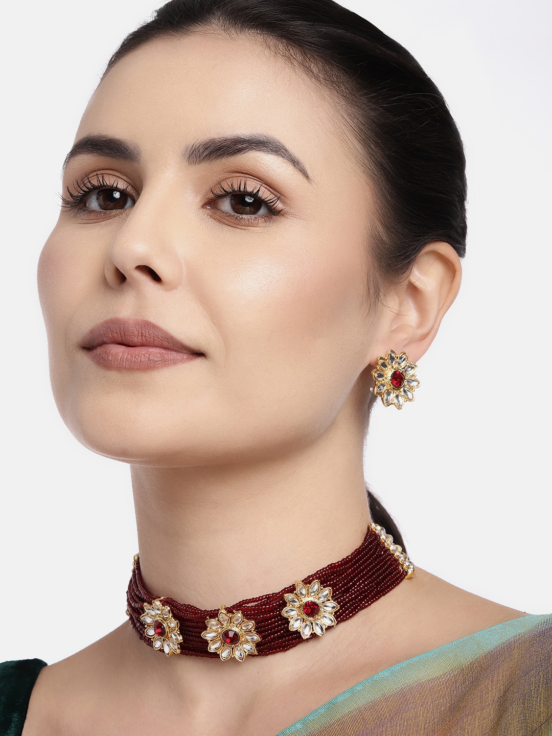 

I Jewels Maroon & Gold-Plated Stone Studded & Beaded Choker Jewellery Set