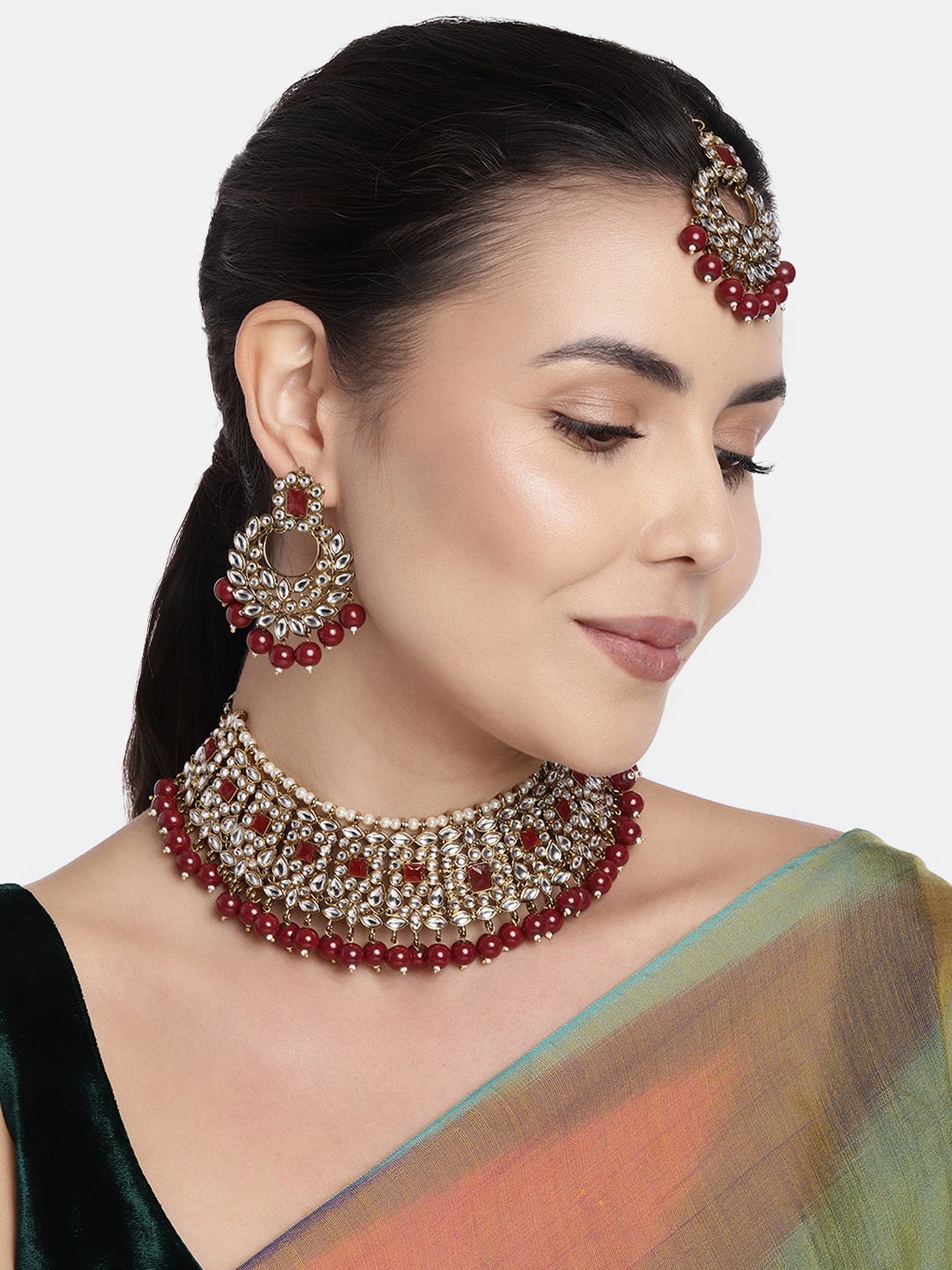 

I Jewels Maroon & Gold-Plated Stone Studded & Beaded Jewellery Set