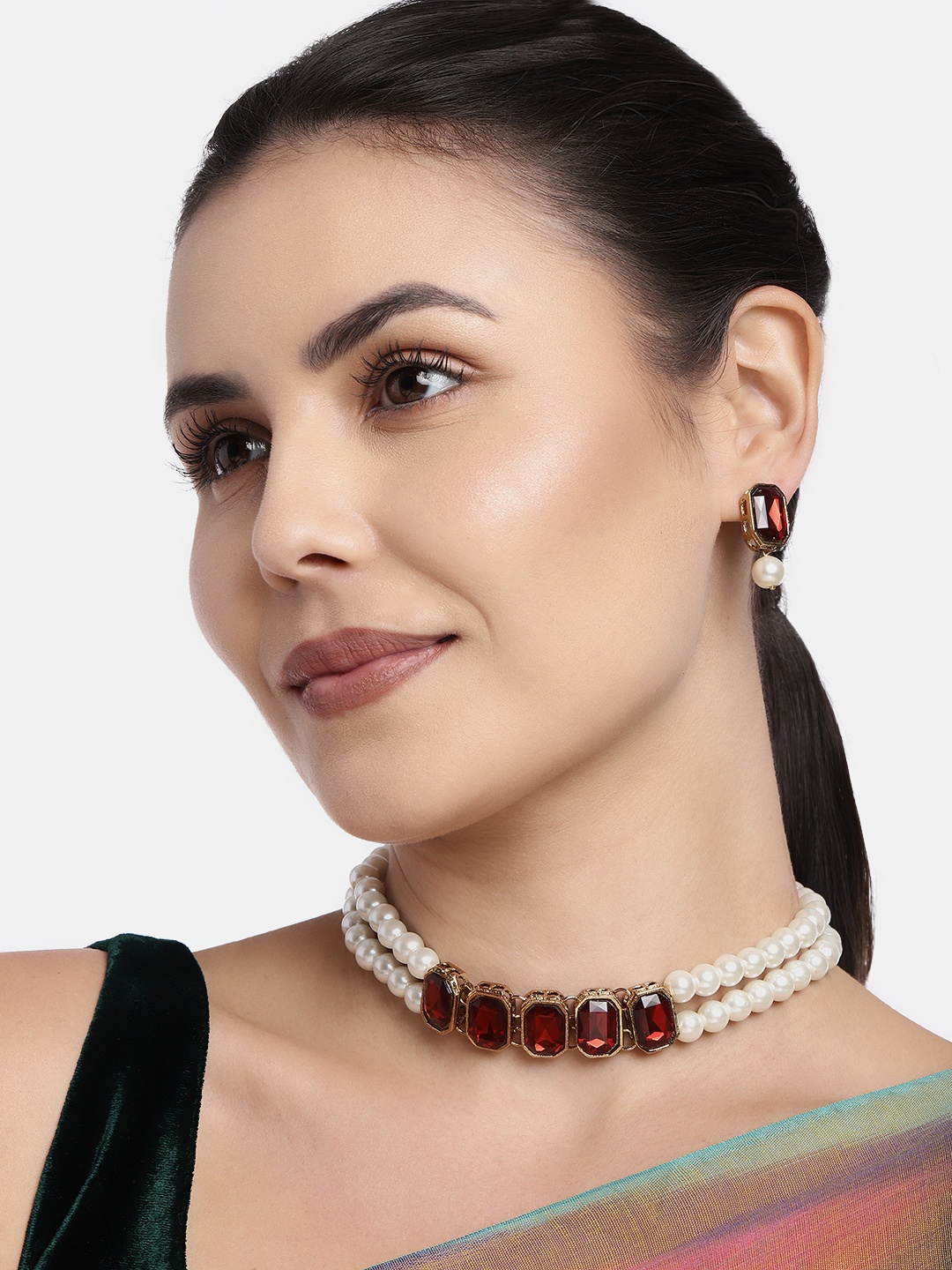 

I Jewels Maroon & White Stone Studded & Beaded Jewellery Set