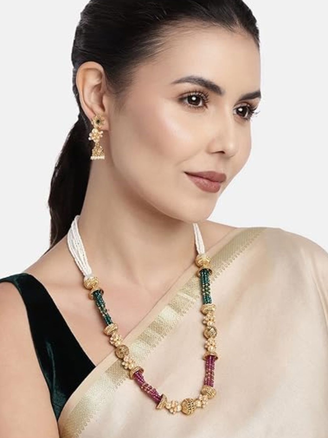 

I Jewels White & Gold-Plated Stone Studded & Beaded Jewellery Set