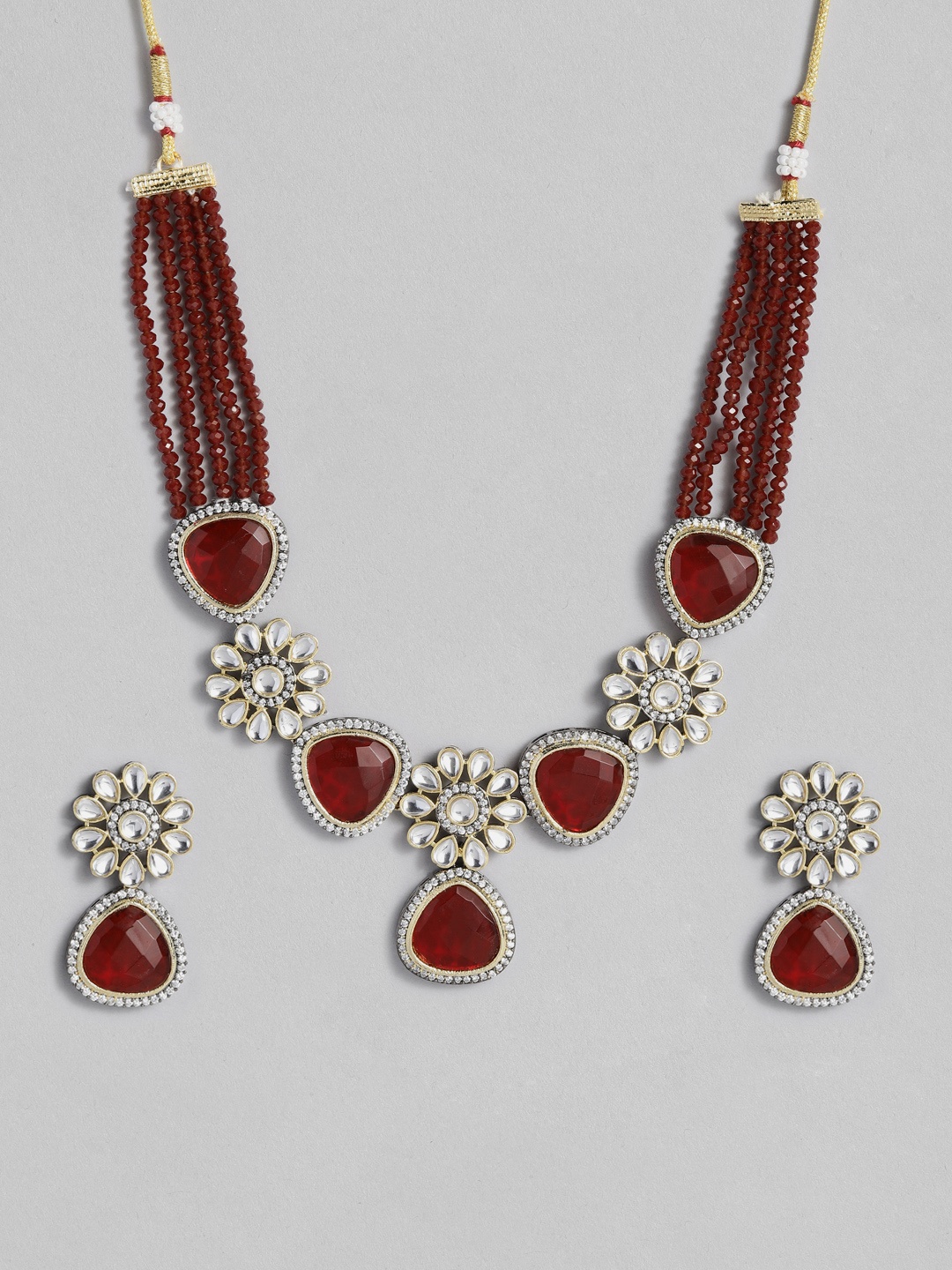 

I Jewels Maroon & Gold-Plated Stone Studded & Beaded Jewellery Set