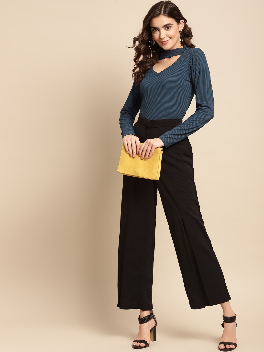 

WoowZerz Women Teal Blue Ribbed Cut-Outs Top