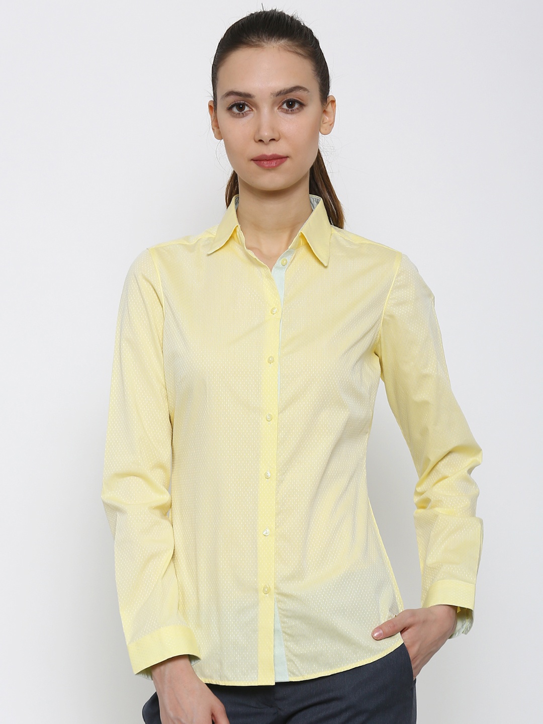 

Park Avenue Women Yellow Self-Design Semi Formal Shirt