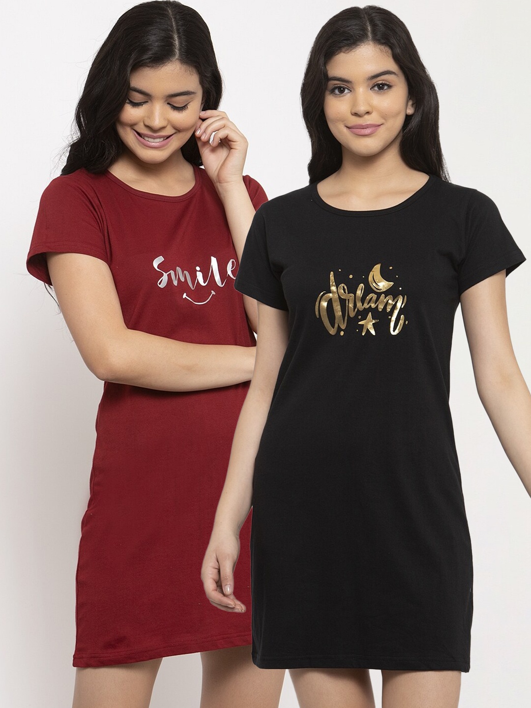 

Claura Pack of 2 Black & Maroon Printed Nightdress