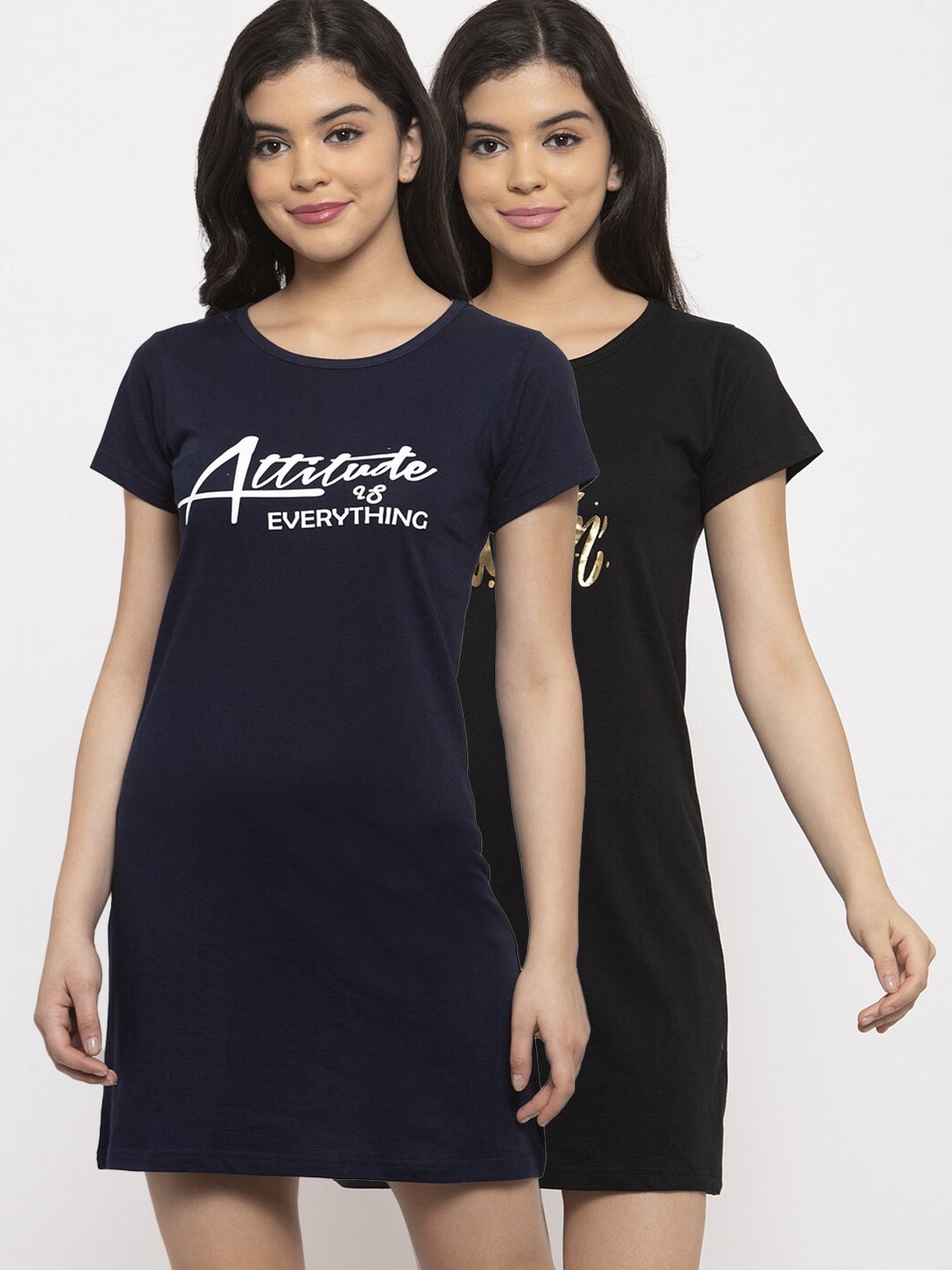 

Claura Women Pack of 2 Navy Blue & Black Printed Cotton T-shirt Nightdress