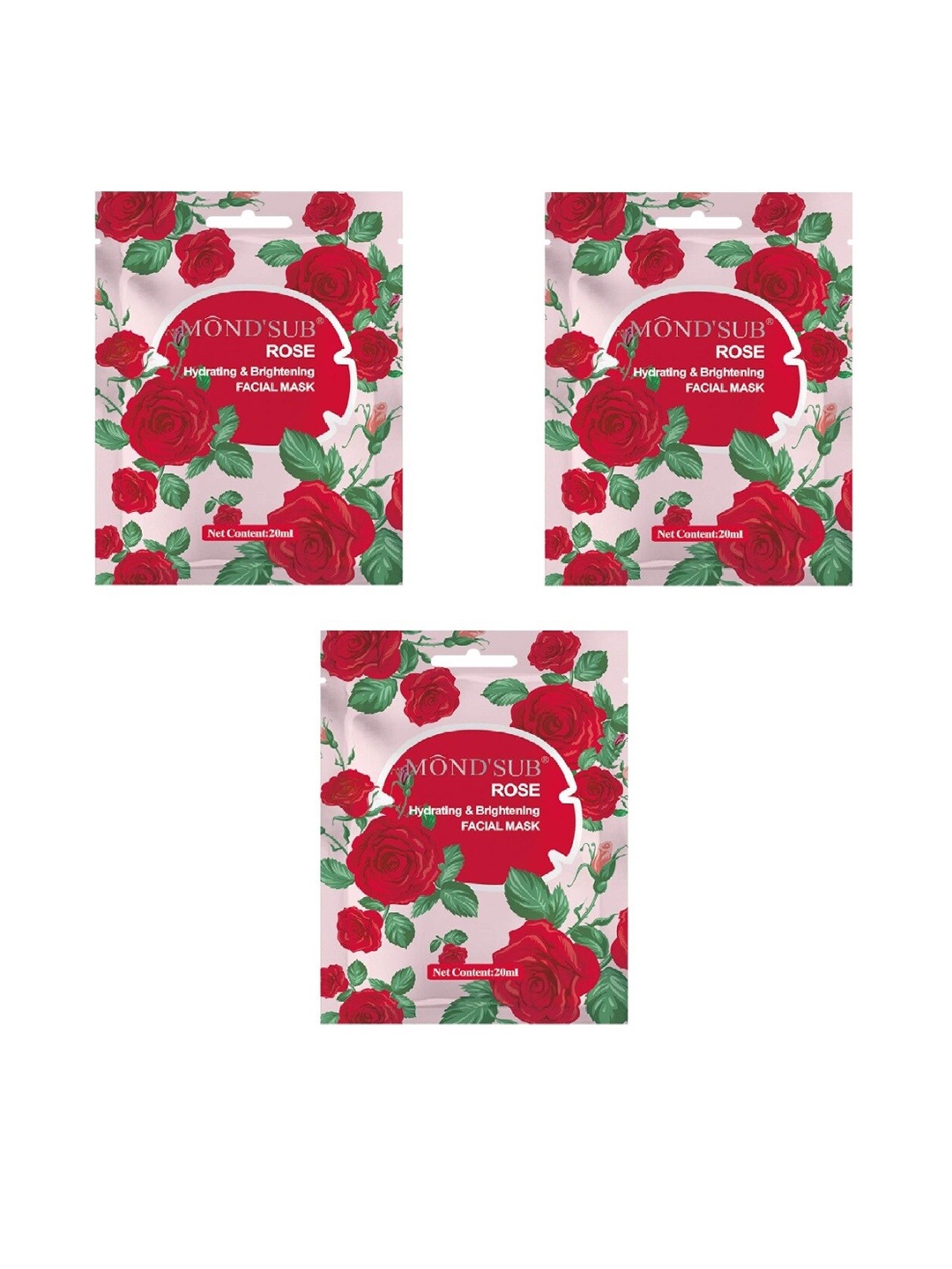 

MONDSUB Set Of 3 Rose Hydrating and Brightening Face Sheet Mask, Na