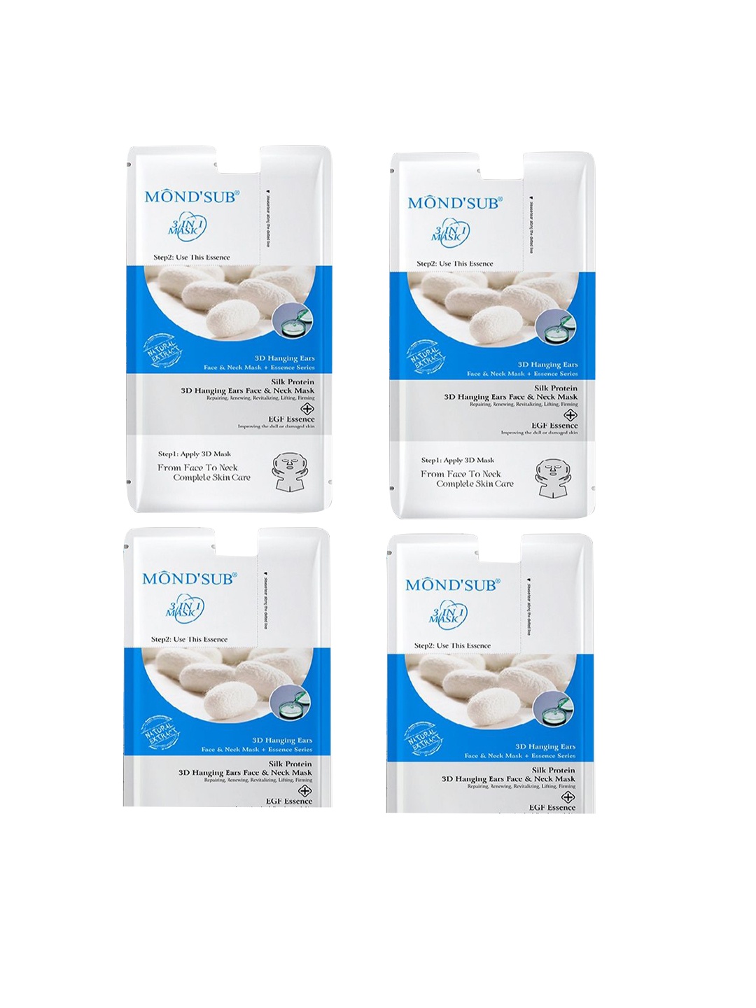 

MONDSUB Set Of 4 Silk Protein 3D Hanging Ears Neck & Facial Sheet Masks, Na