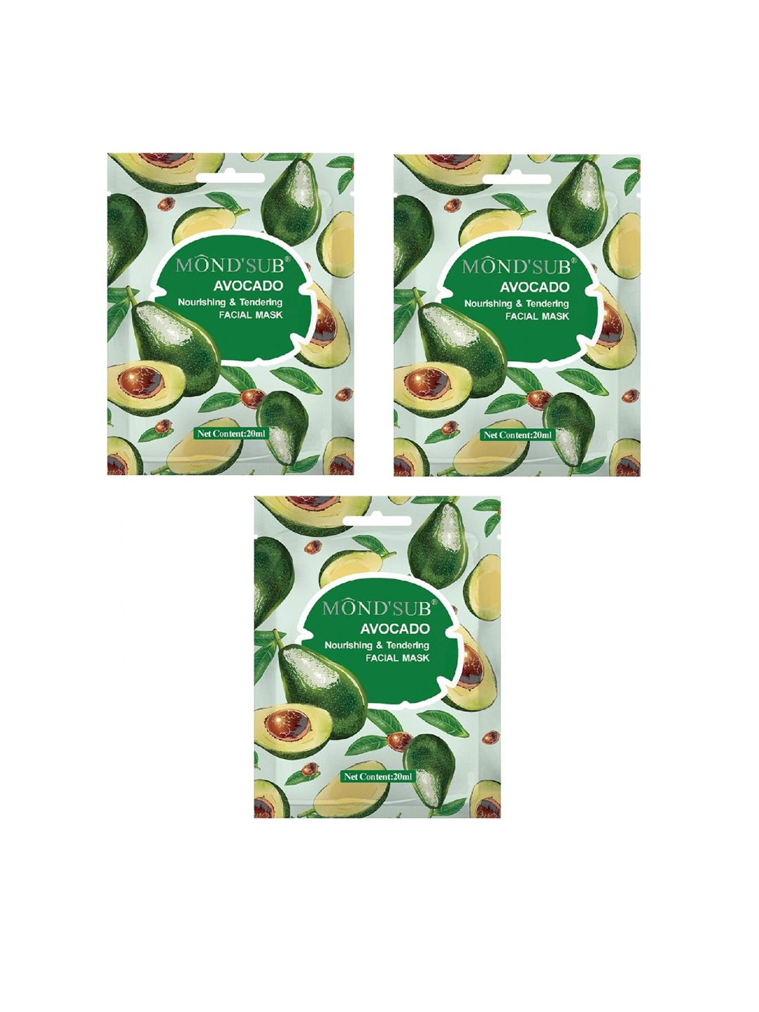 

MONDSUB Set Of 3 Avocado Nourishing & Tendering Face Sheet Mask, Na