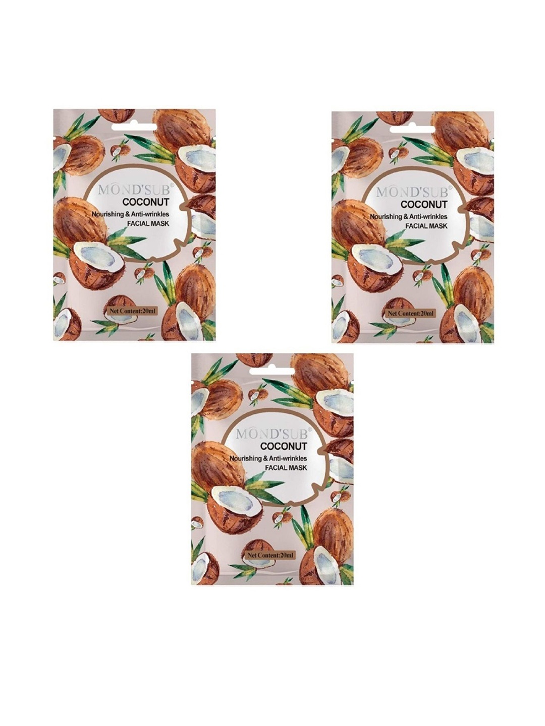 

MONDSUB Set Of 3 Coconut Nourishing & Anti Wrinkles Face Sheet Mask, Na