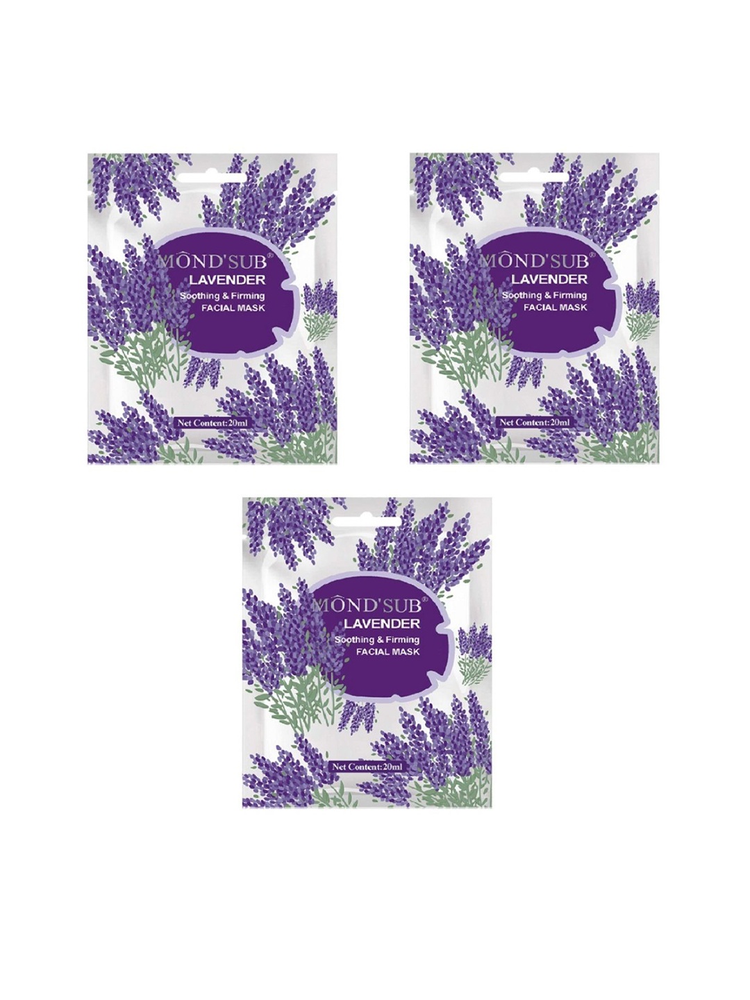 

MONDSUB Set Of 3 Lavender Soothing & Firming Face Sheet Mask, Na