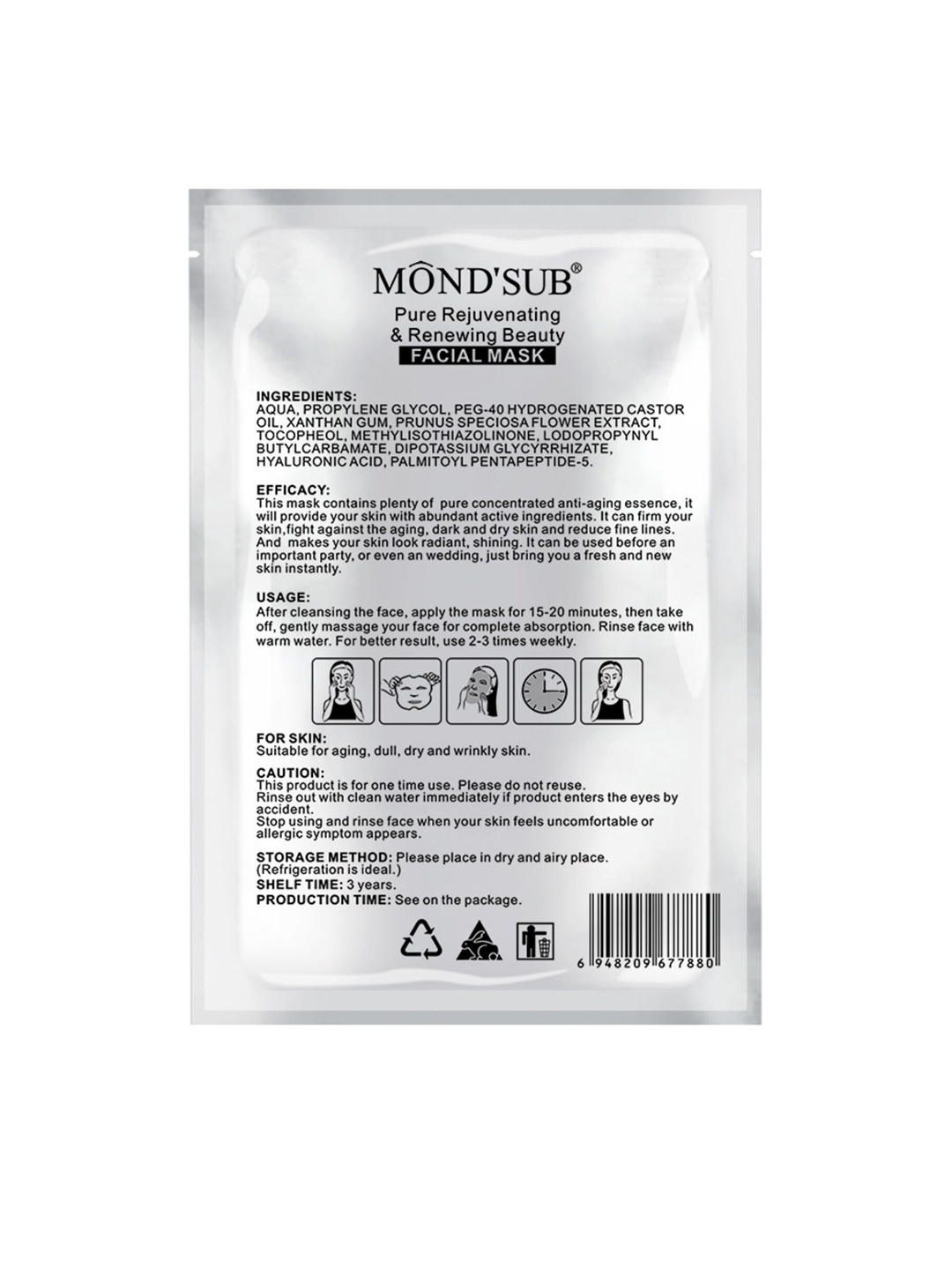 

MONDSUB Set Of 3 Pure Rejuvenating and Renewing Face Sheet Mask, Na