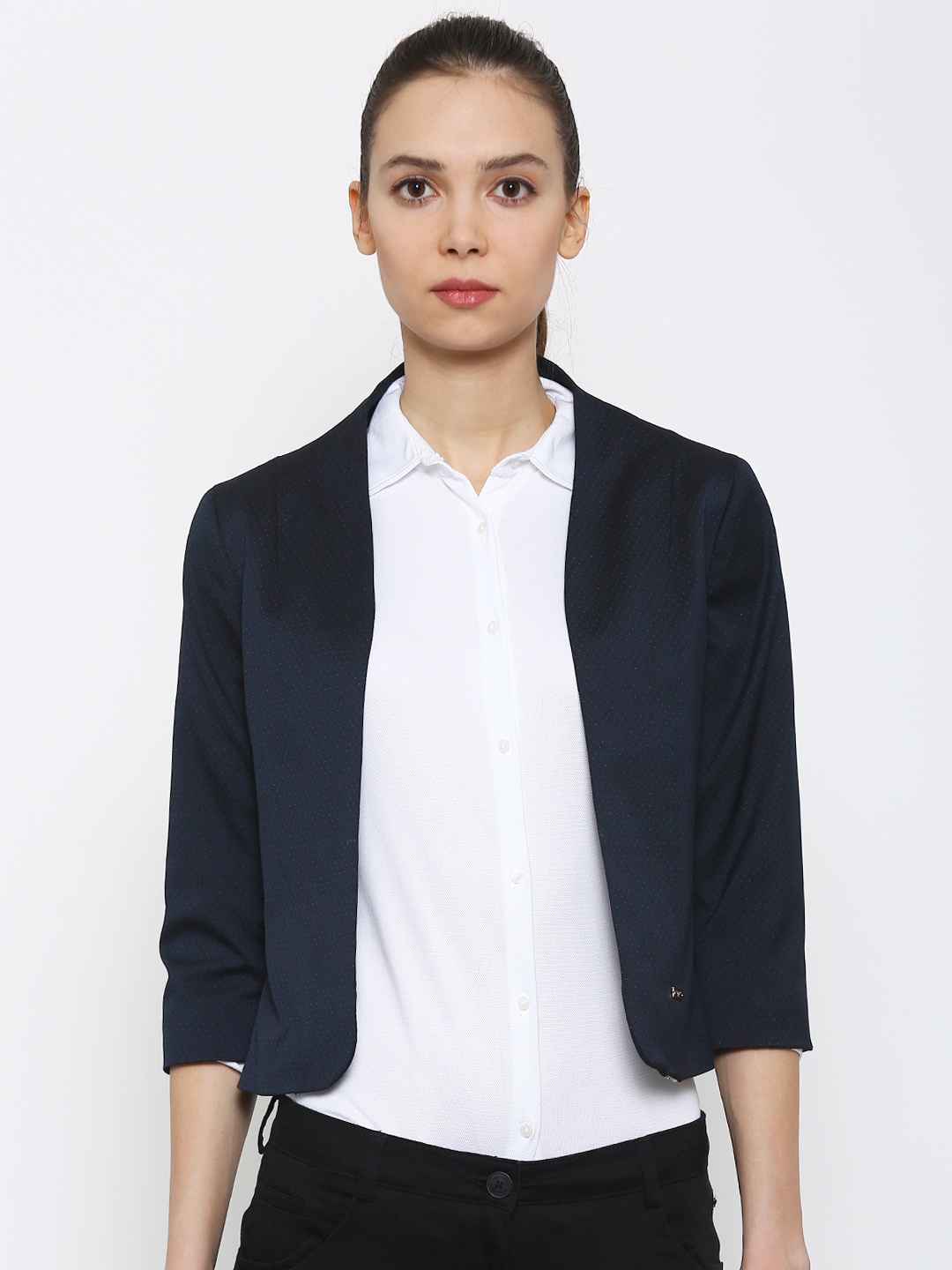 

Park Avenue Women Navy Solid Crop Tailored Jacket, Navy blue