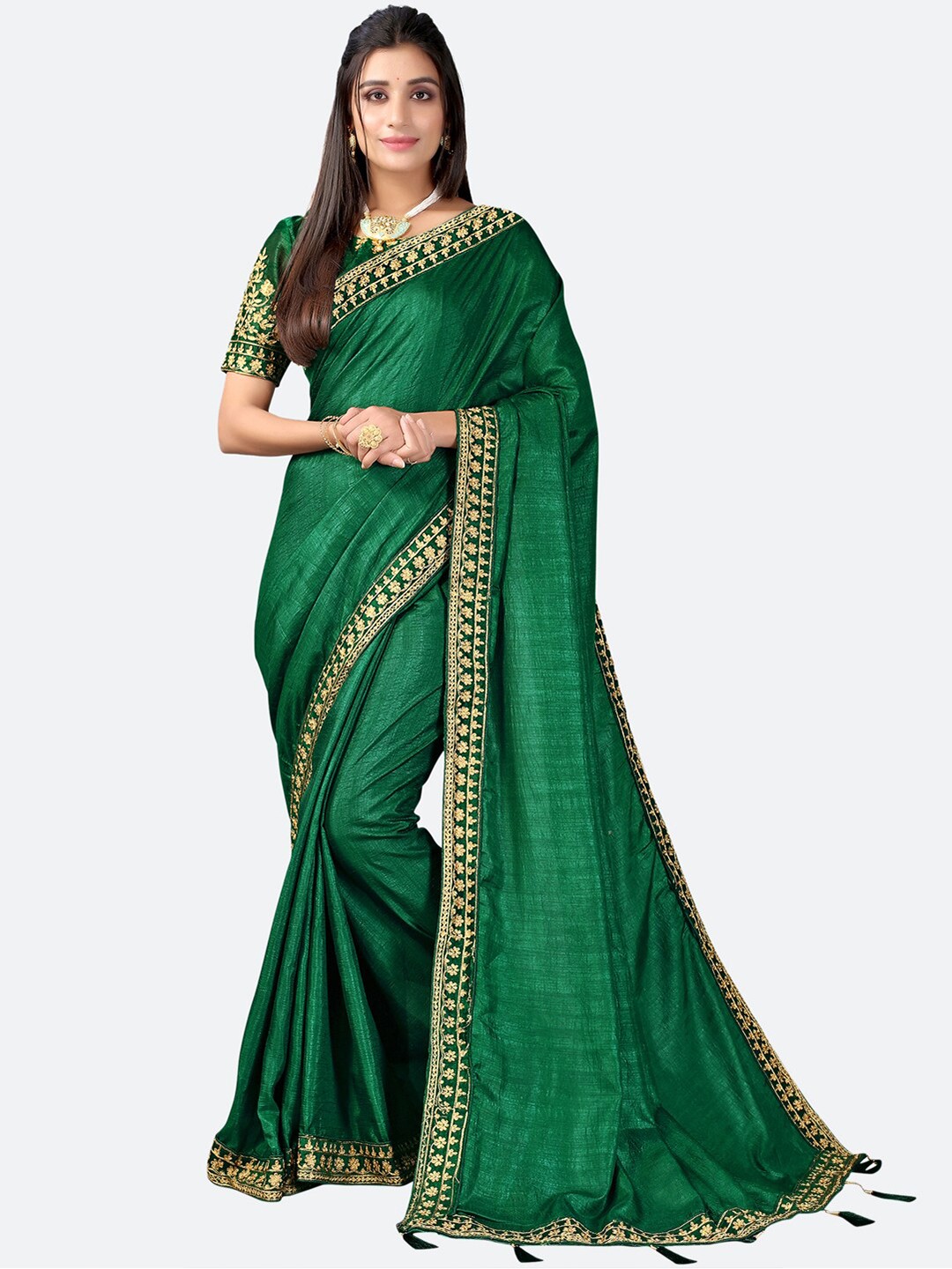

Satrani Green & Gold-Toned Phulkari Embroidered