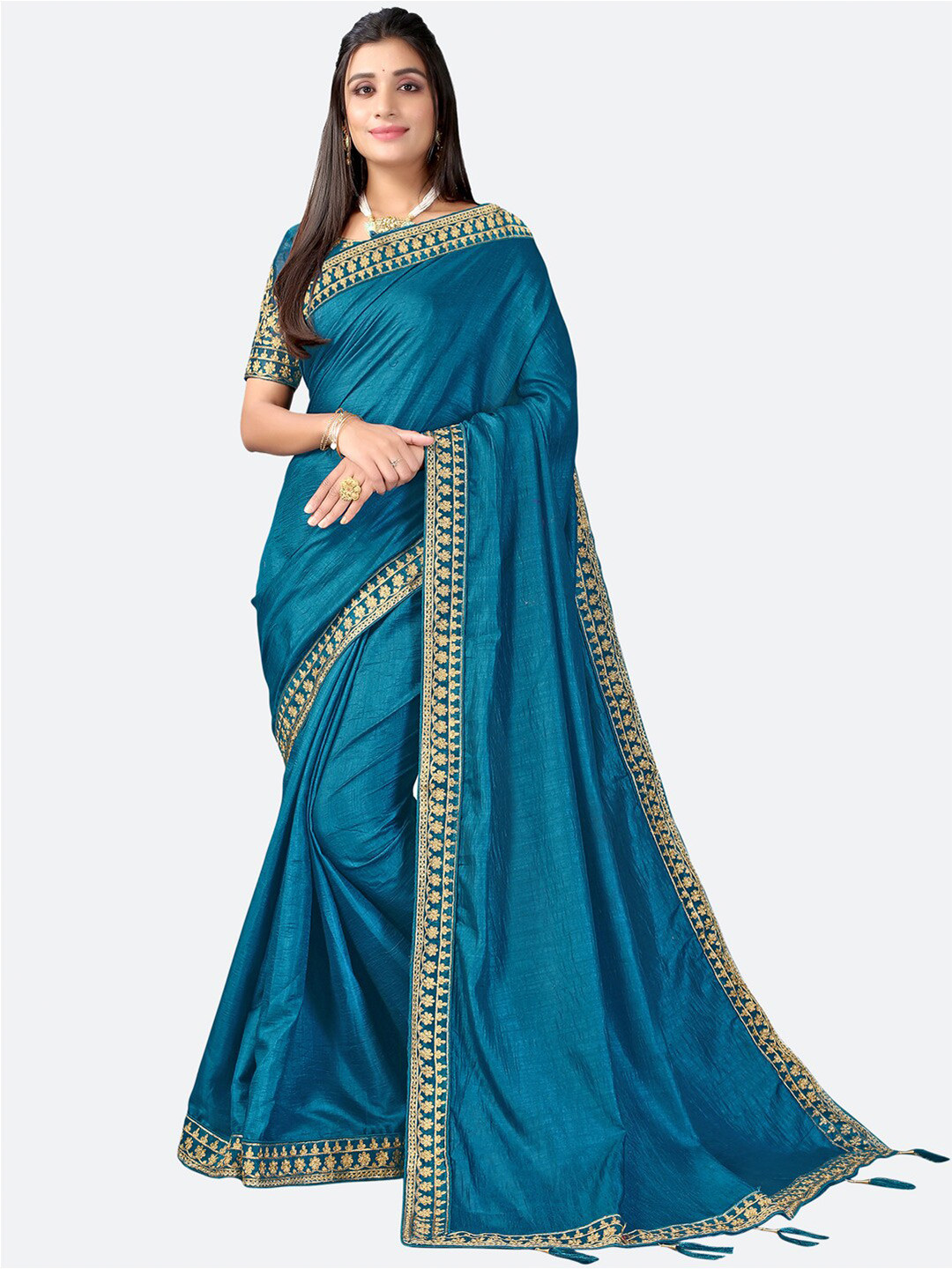 

Satrani Teal Blue & Golden Poly Silk Saree With Embroidered Border