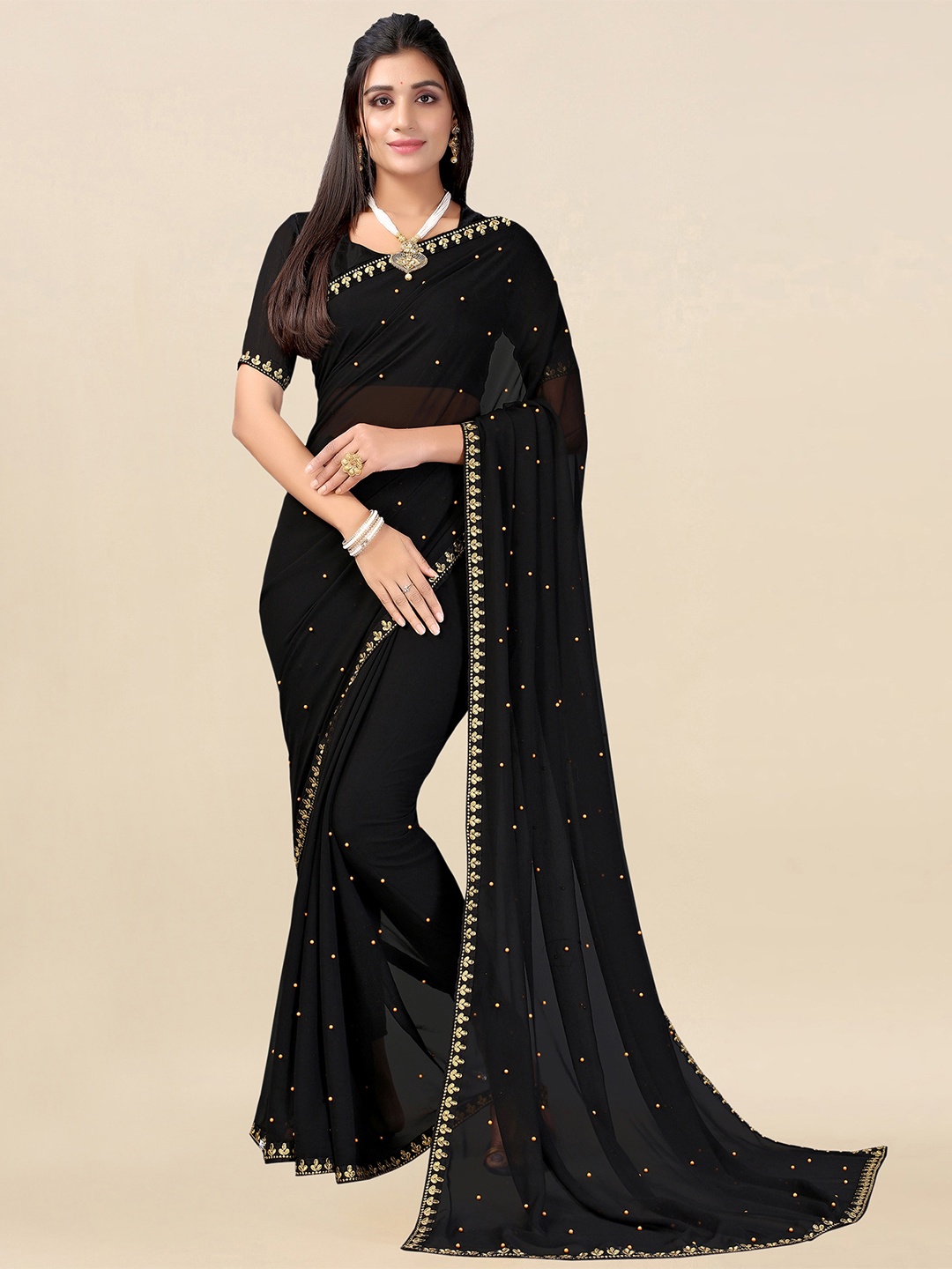 

Satrani Black & Gold-Toned Embellished Saree