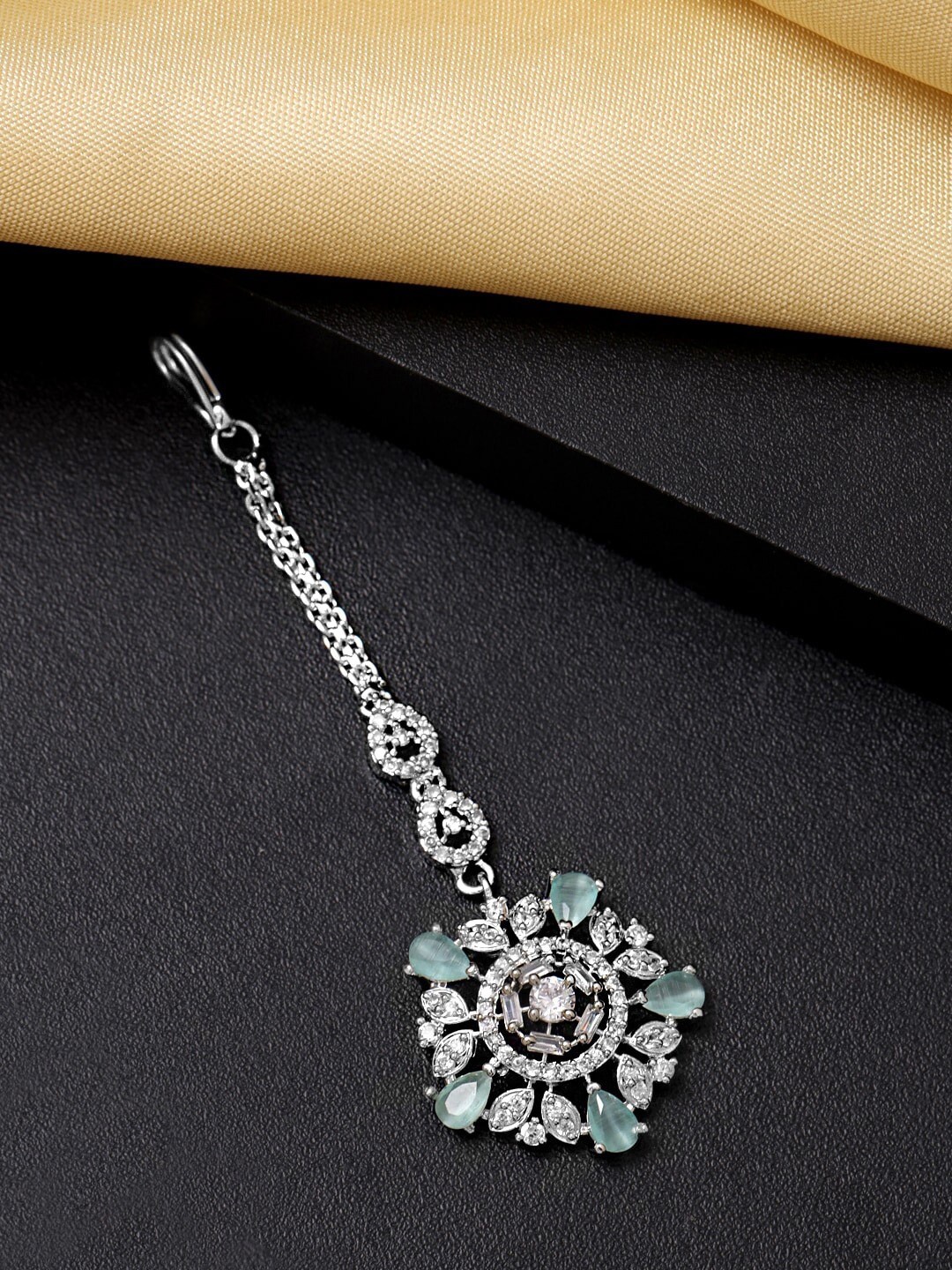 Yellow Chimes Rhodium-Plated Green & White AD Studded Maang Tikka, Silver