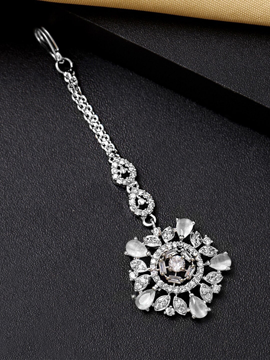 

Yellow Chimes Rhodium-Plated White AD Studded Maang Tika
