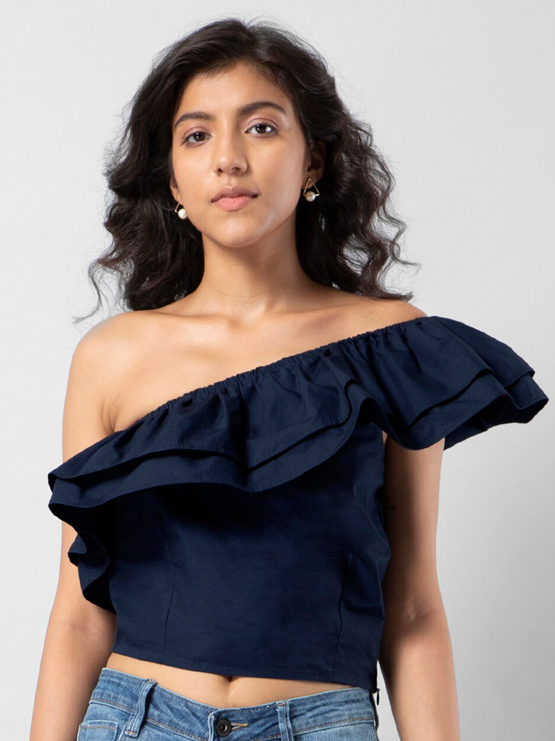 

FabAlley Women Blue One Shoulder Ruffles Bardot Crop Top