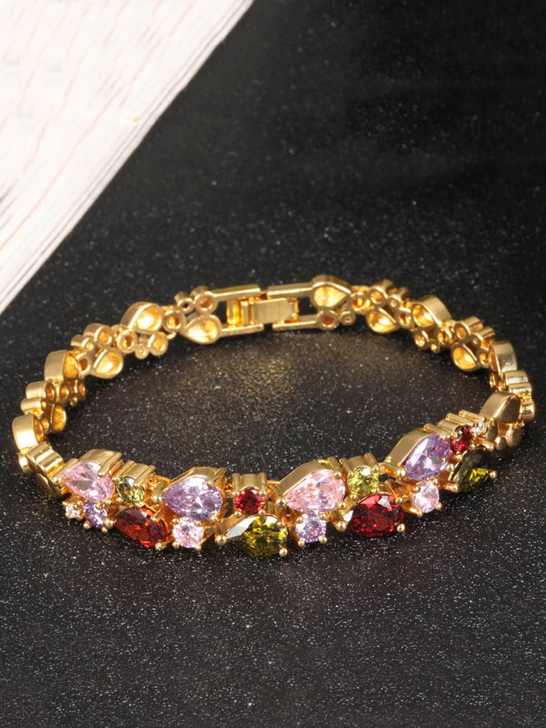 

Yellow Chimes Women Gold Plated & Multicoloured Crystal Swiss Cubic Zirconia Bracelet