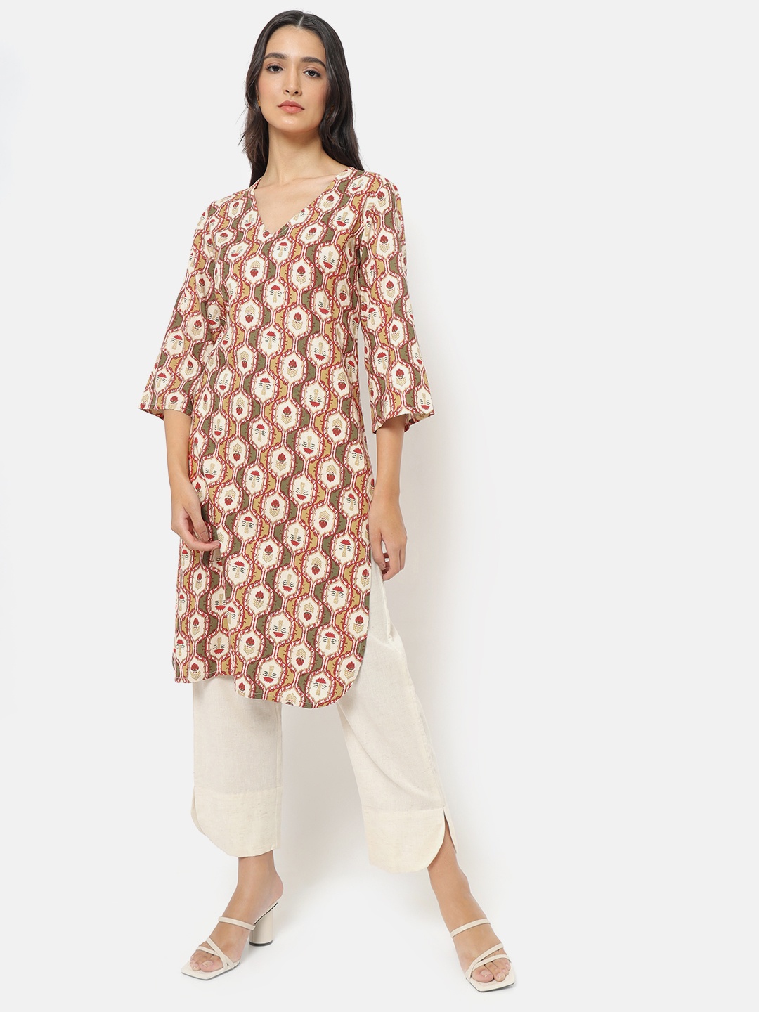 

Saaki Women Olive Green Floral Printed Flared Sleeves Kurta