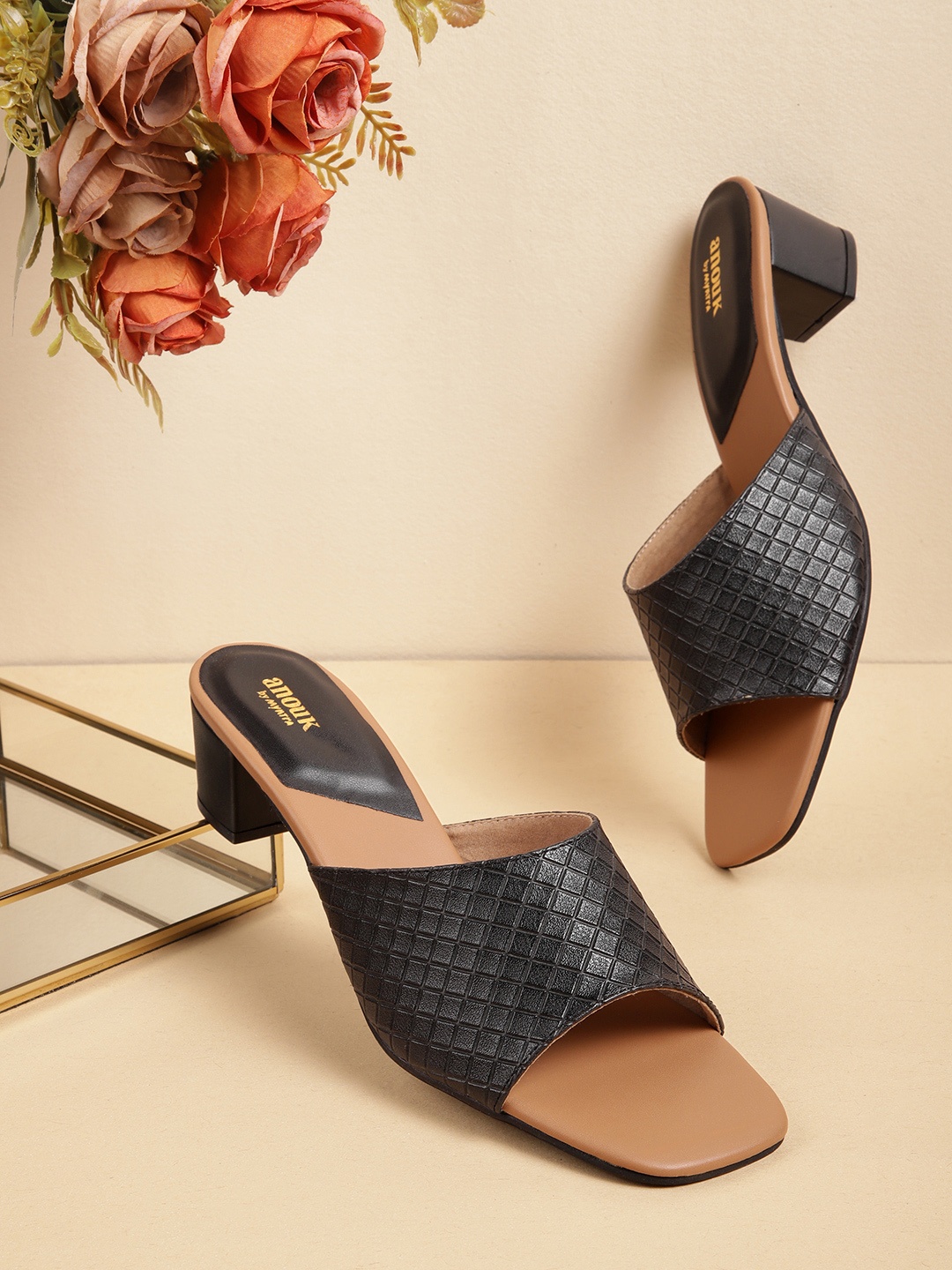 

Anouk Women Textured Open Toe Block Heels, Black