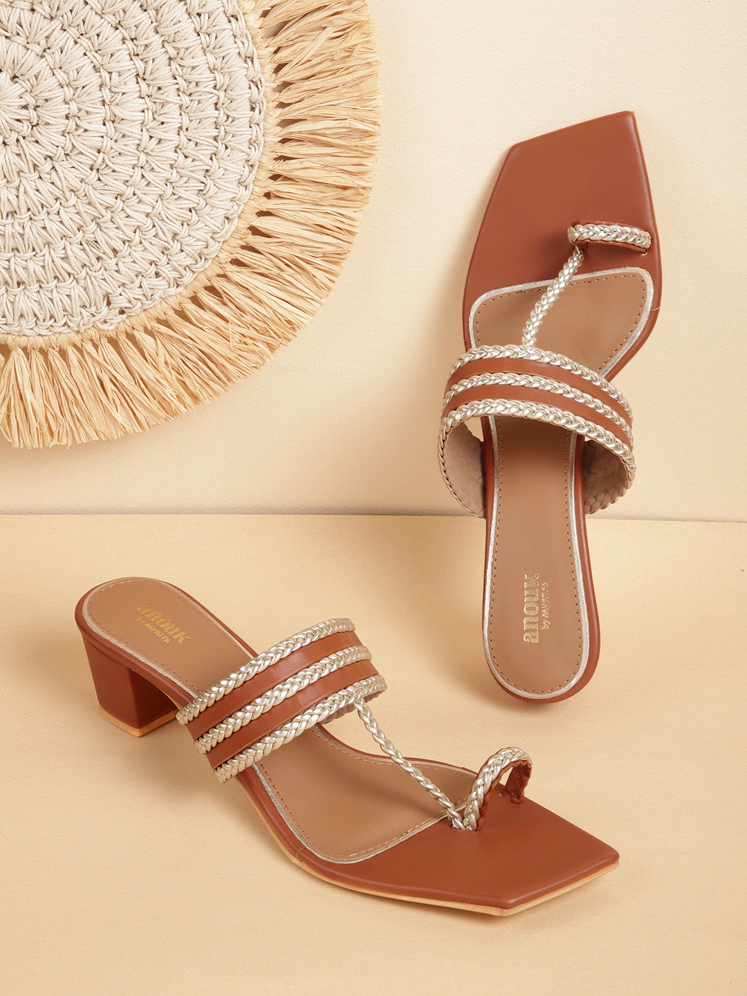 

Anouk Women Woven Design One Toe Heels, Tan