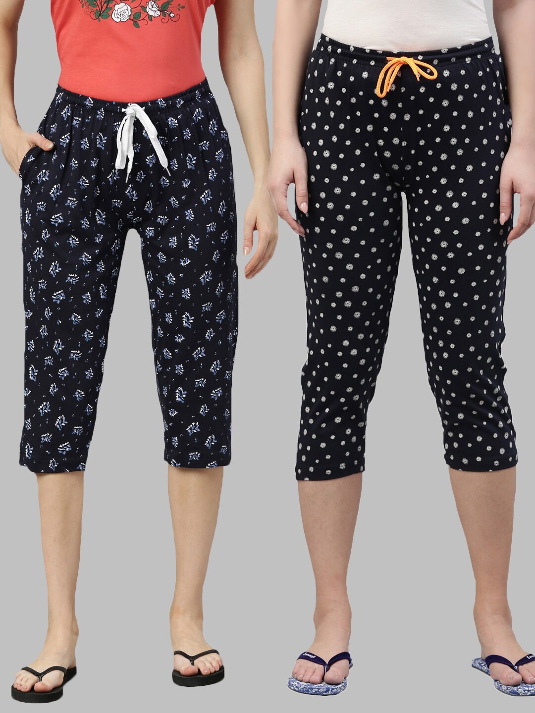 

Kryptic Women Pack Of 2 Navy Blue & White Printed Pure Cotton Capris