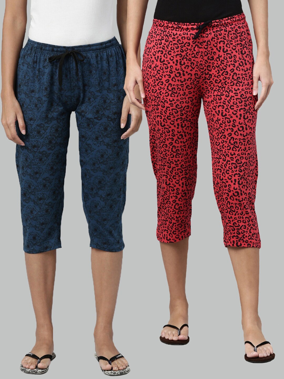

Kryptic Women Set of 2 Teal & Red Printed Cotton Capris