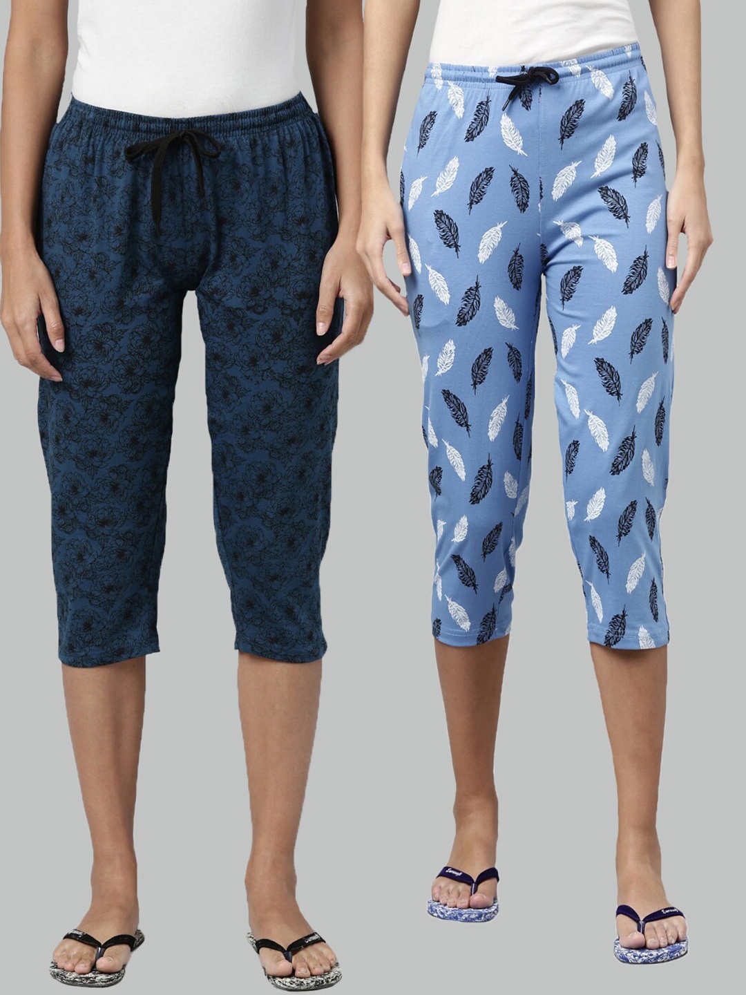 

Kryptic Women Pack of 2 Navy Blue & White Printed Cotton Capris, Teal