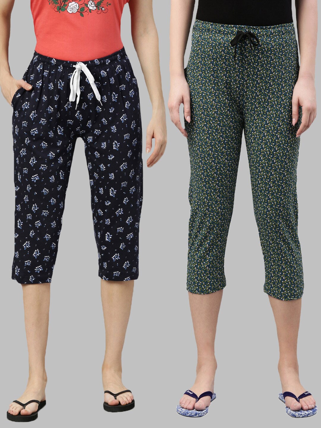 

Kryptic Women Pack of 2 Printed Cotton Capris, Navy blue