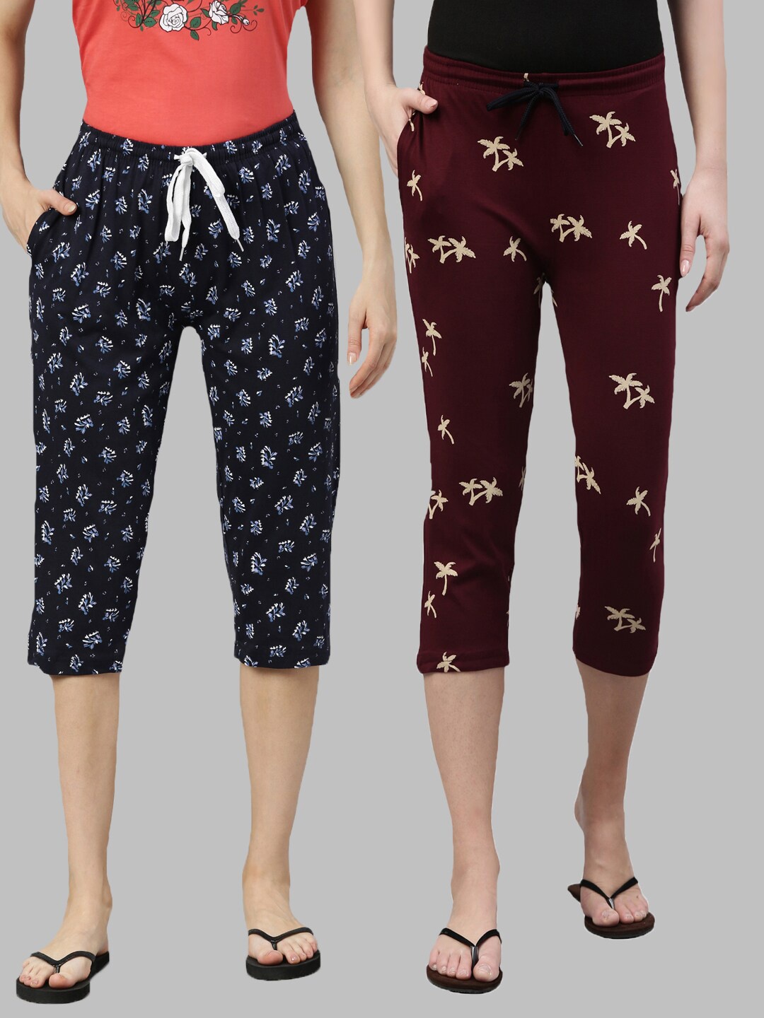 

Kryptic Women Pack Of 2 Navy Blue & Maroon Printed Pure Cotton Capris