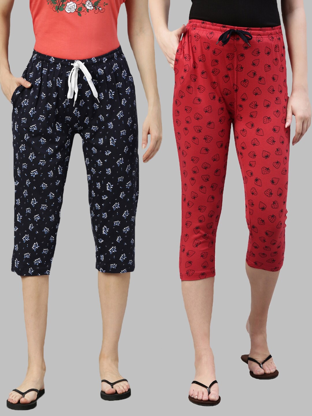 

Kryptic Pack of 2 Navy Blue & Red Printed Cotton Capris