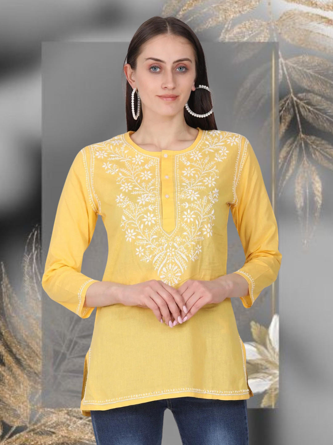 

PARAMOUNT CHIKAN Women Embroidered Lucknowi Chikankari Cotton Kurti, Yellow