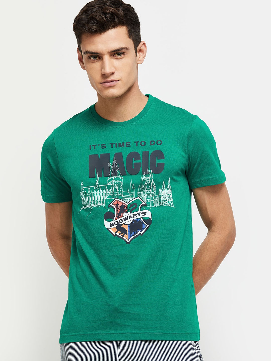 

max Men Green Biker Printed Raw Edge T-shirt