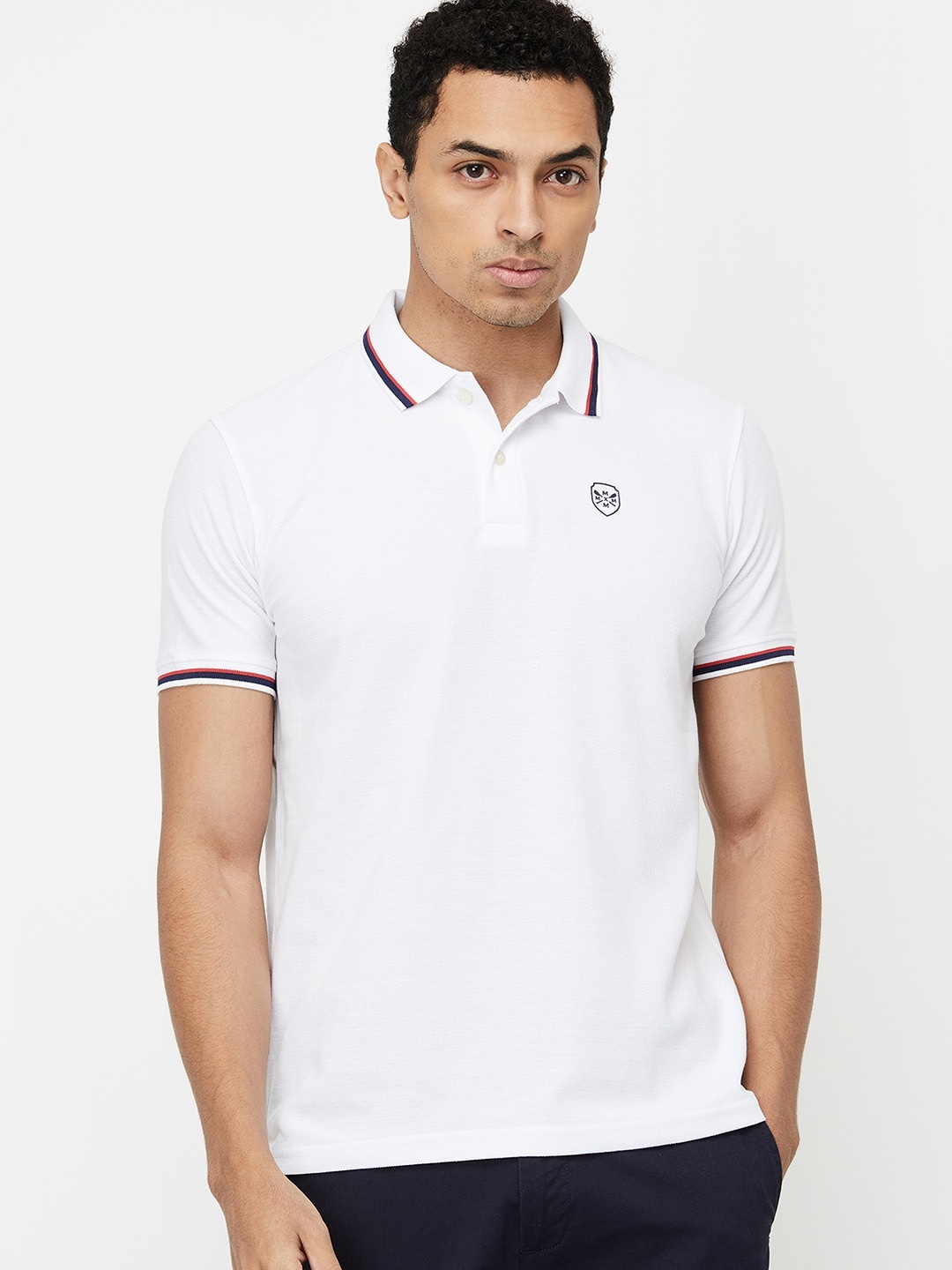 

max Men White Polo Collar Applique T-shirt