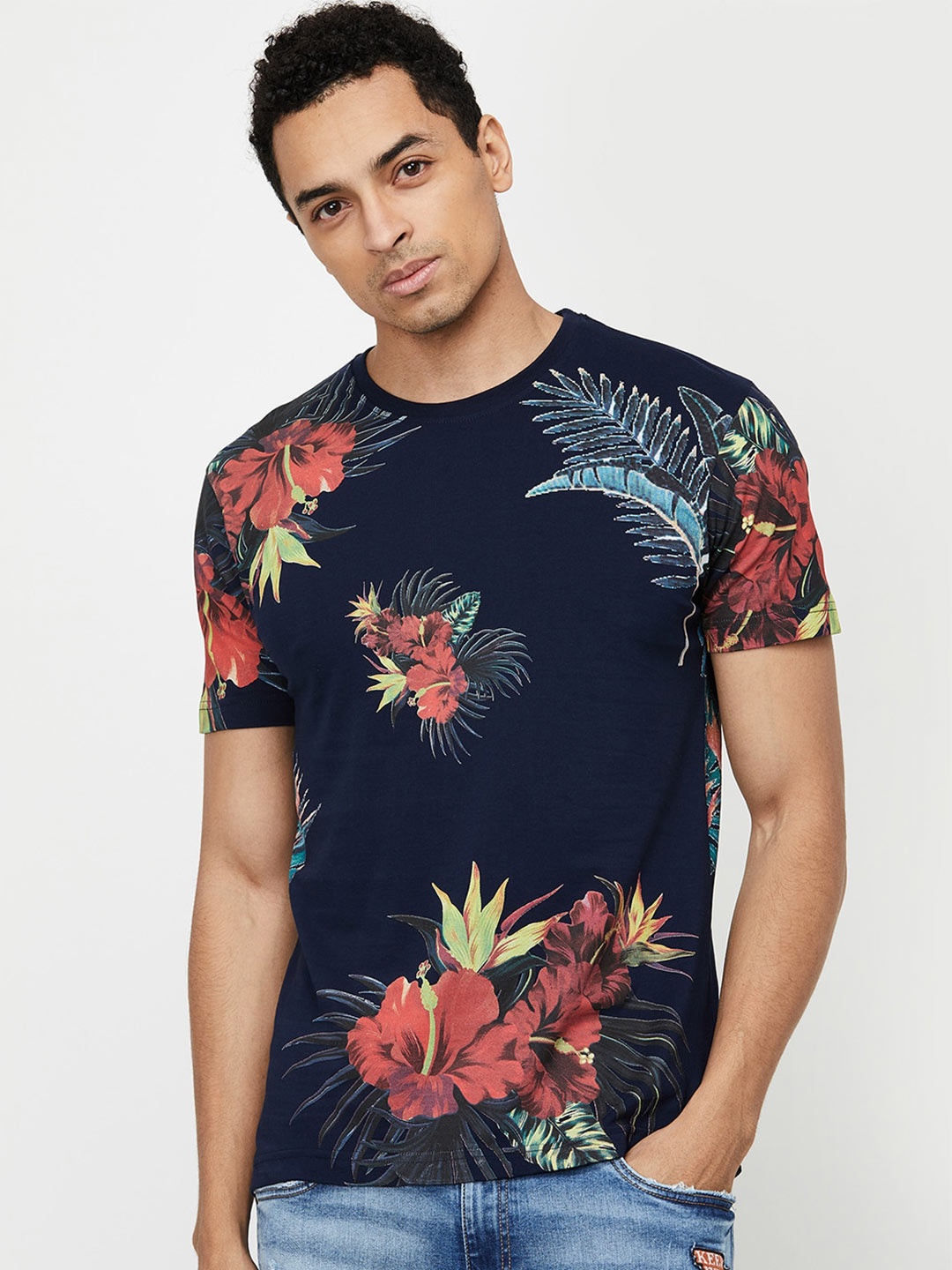 

max Men Navy Blue Floral Printed Tropical T-shirt