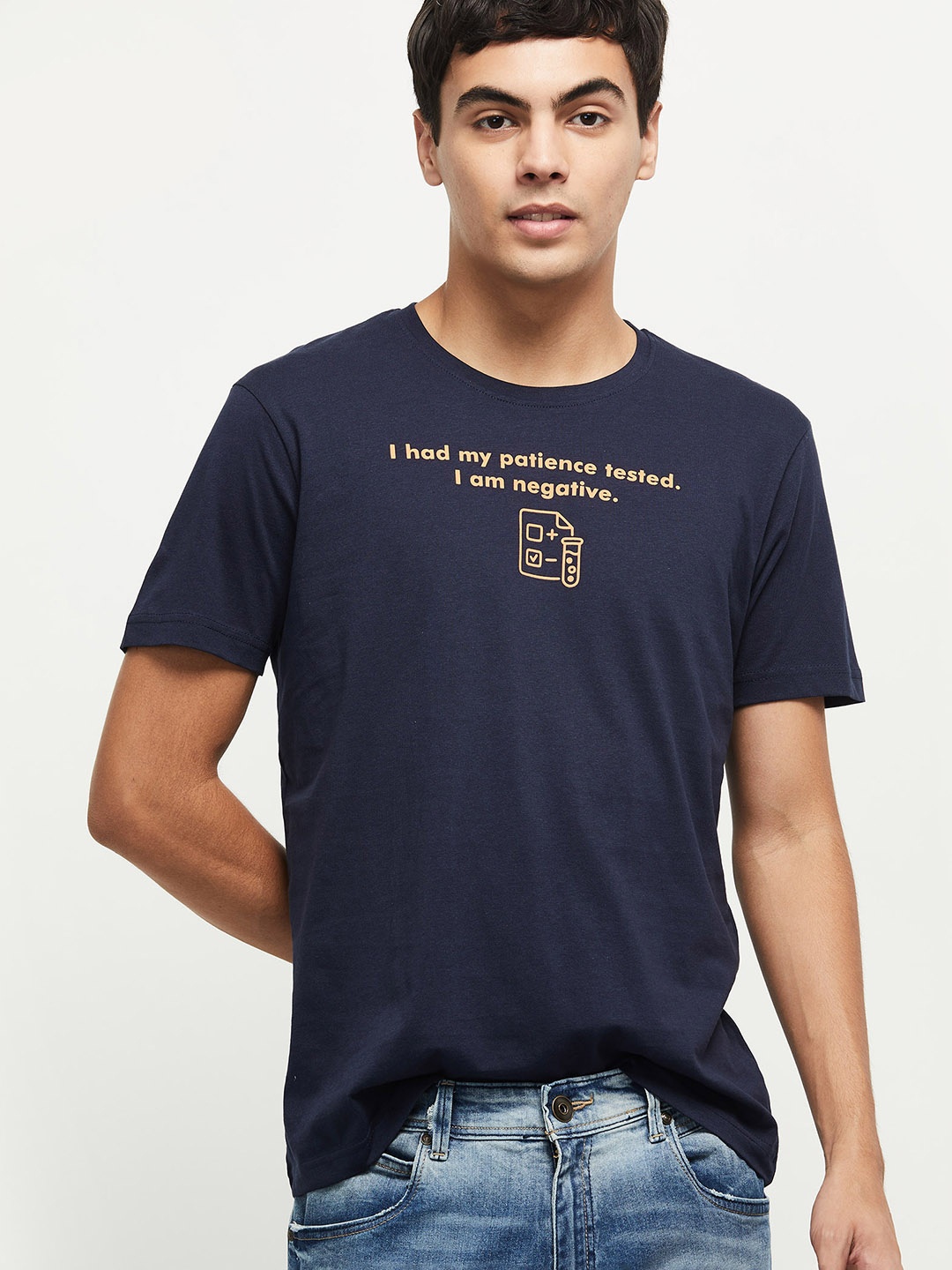 

max Men Navy Blue Typography Printed T-shirt