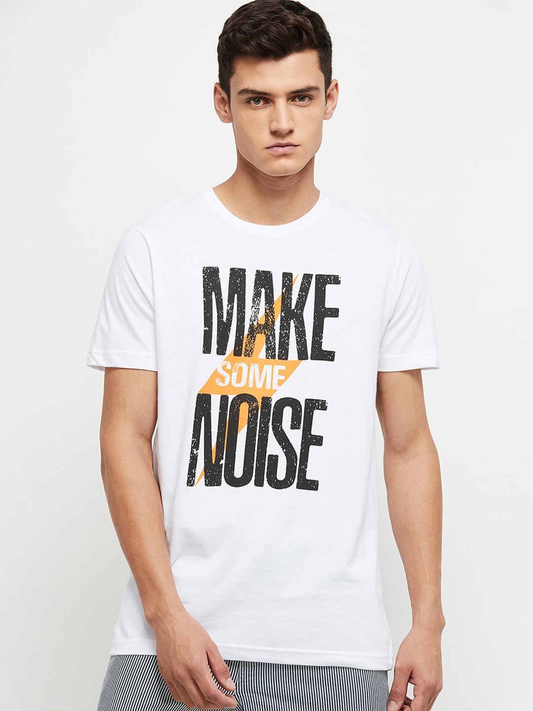 

max Men White Typography Printed Applique T-shirt