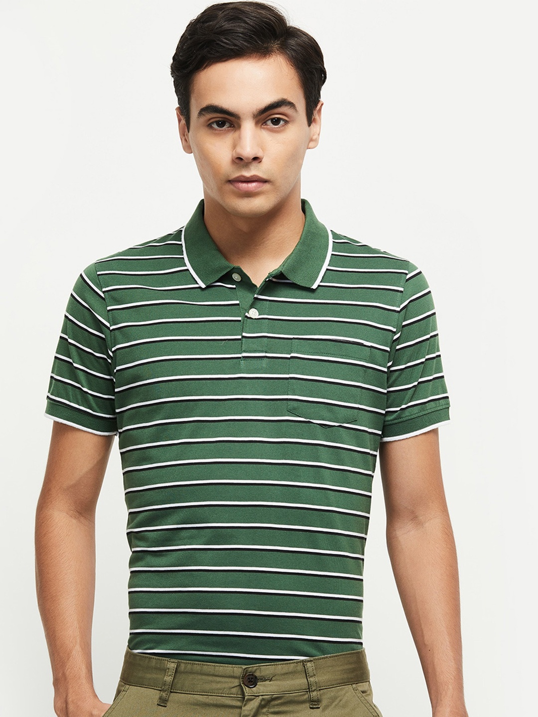 

max Men Green Striped Polo Collar T-shirt
