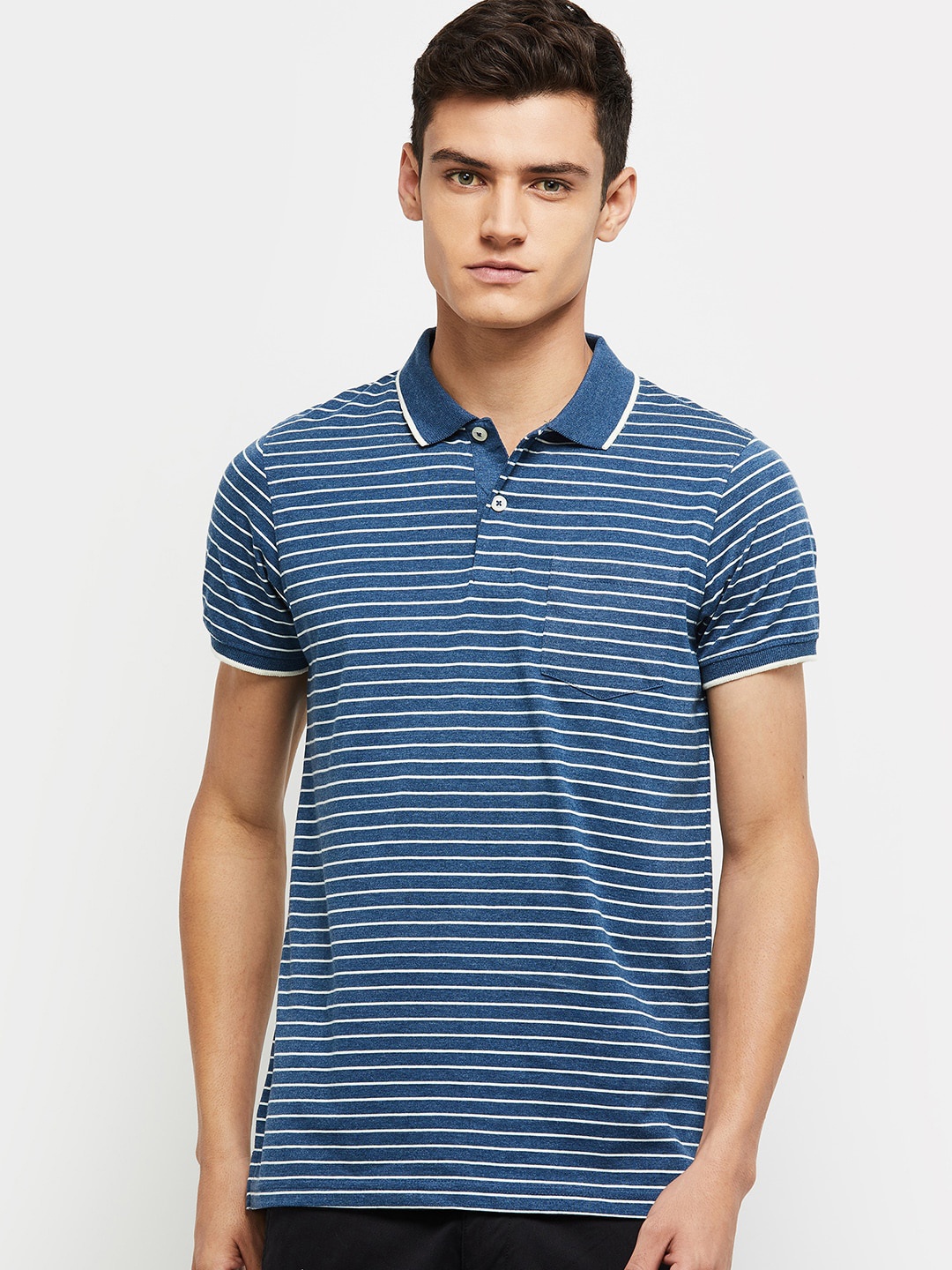 

max Men Navy Blue Striped Polo Collar T-shirt