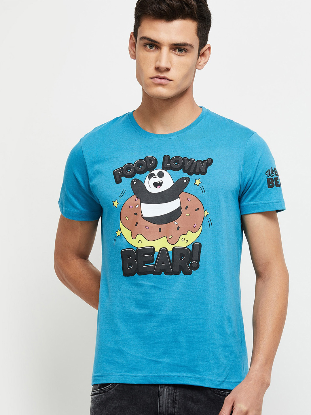 

max Men Blue Printed Applique T-shirt