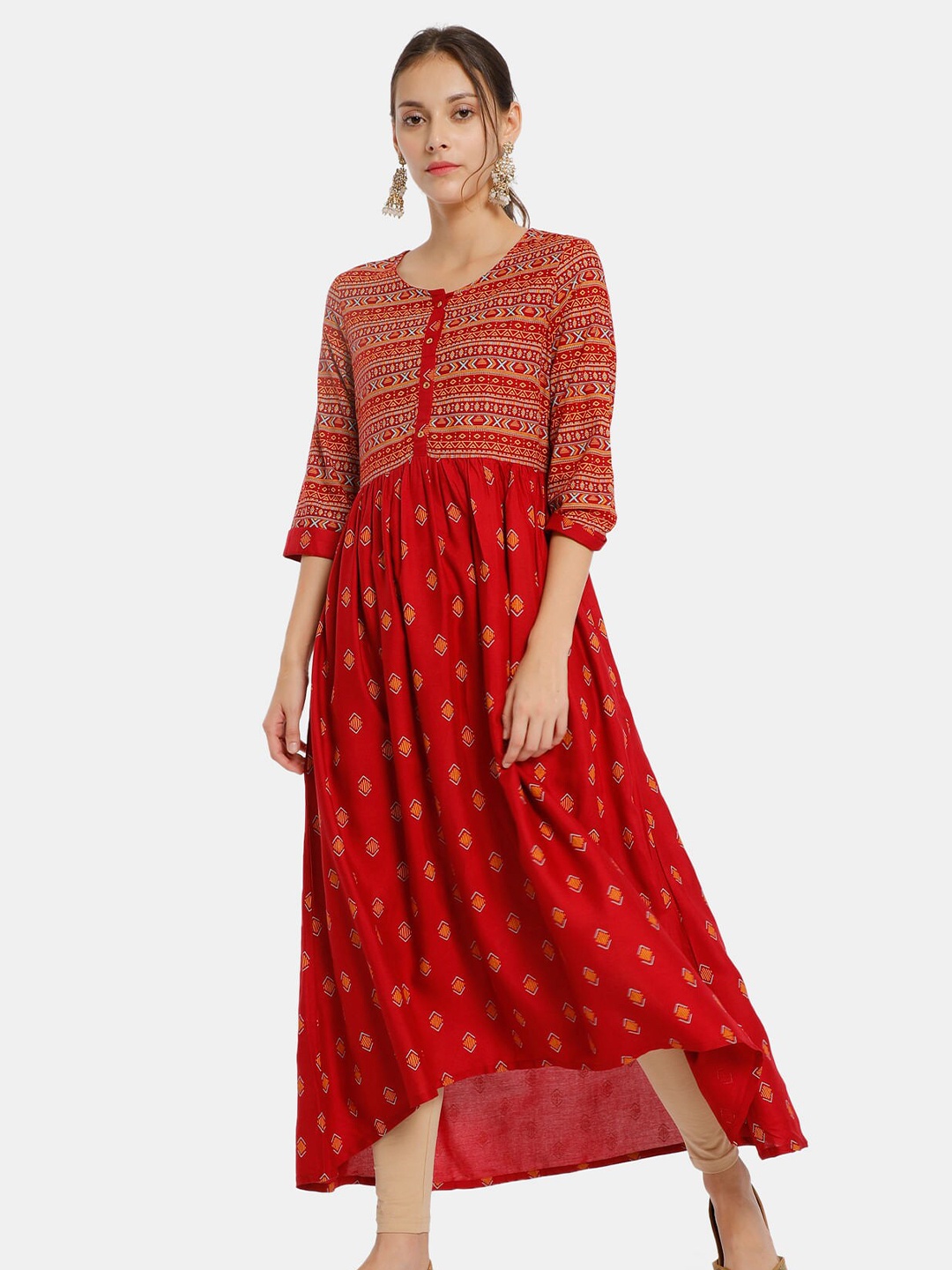

Karigari Red Ethnic Motifs Round Neck Maxi A-Line Dress