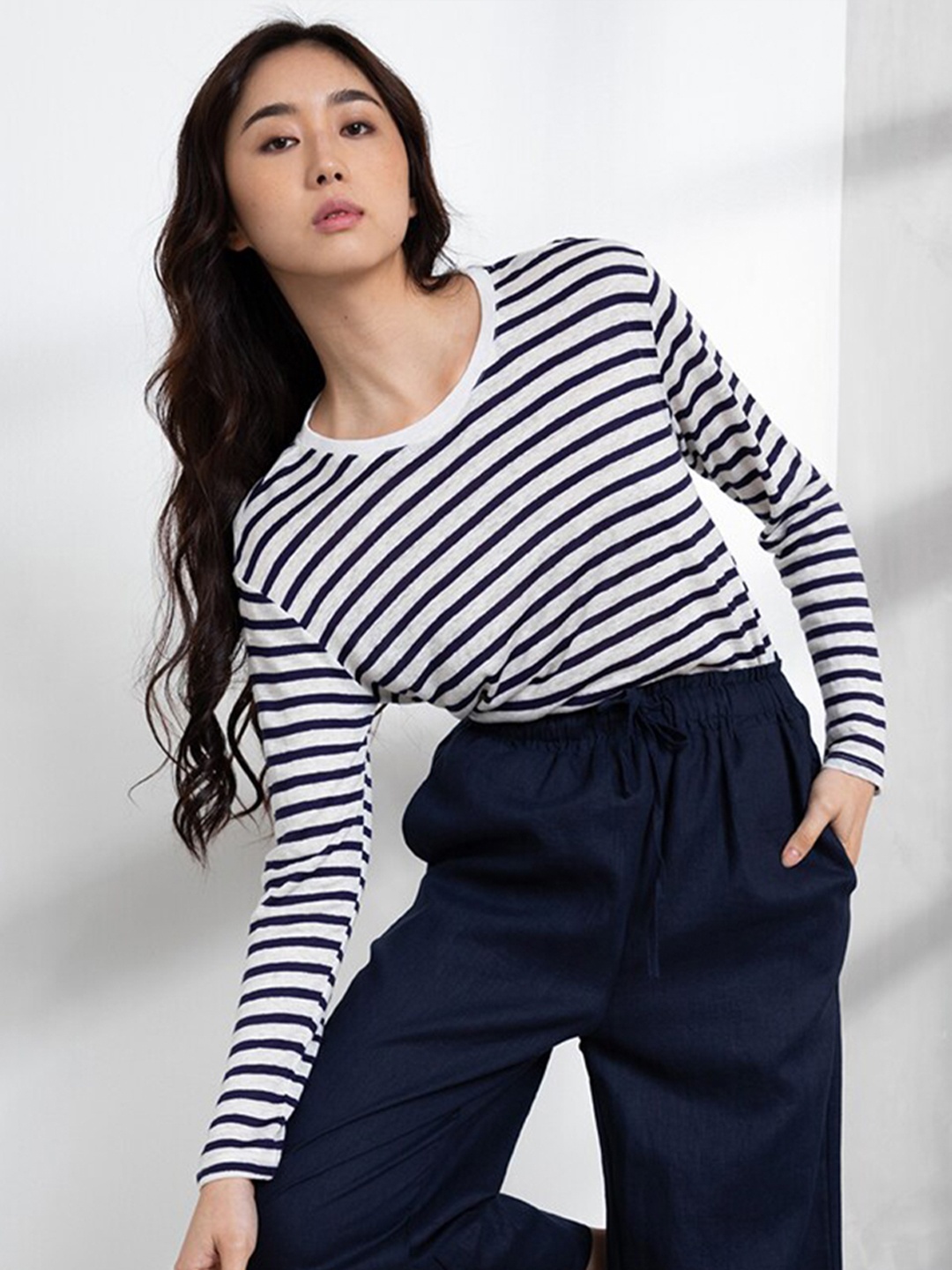 

ORIGIN BY ZALORA White & Navy Blue Striped Linen Cotton Top