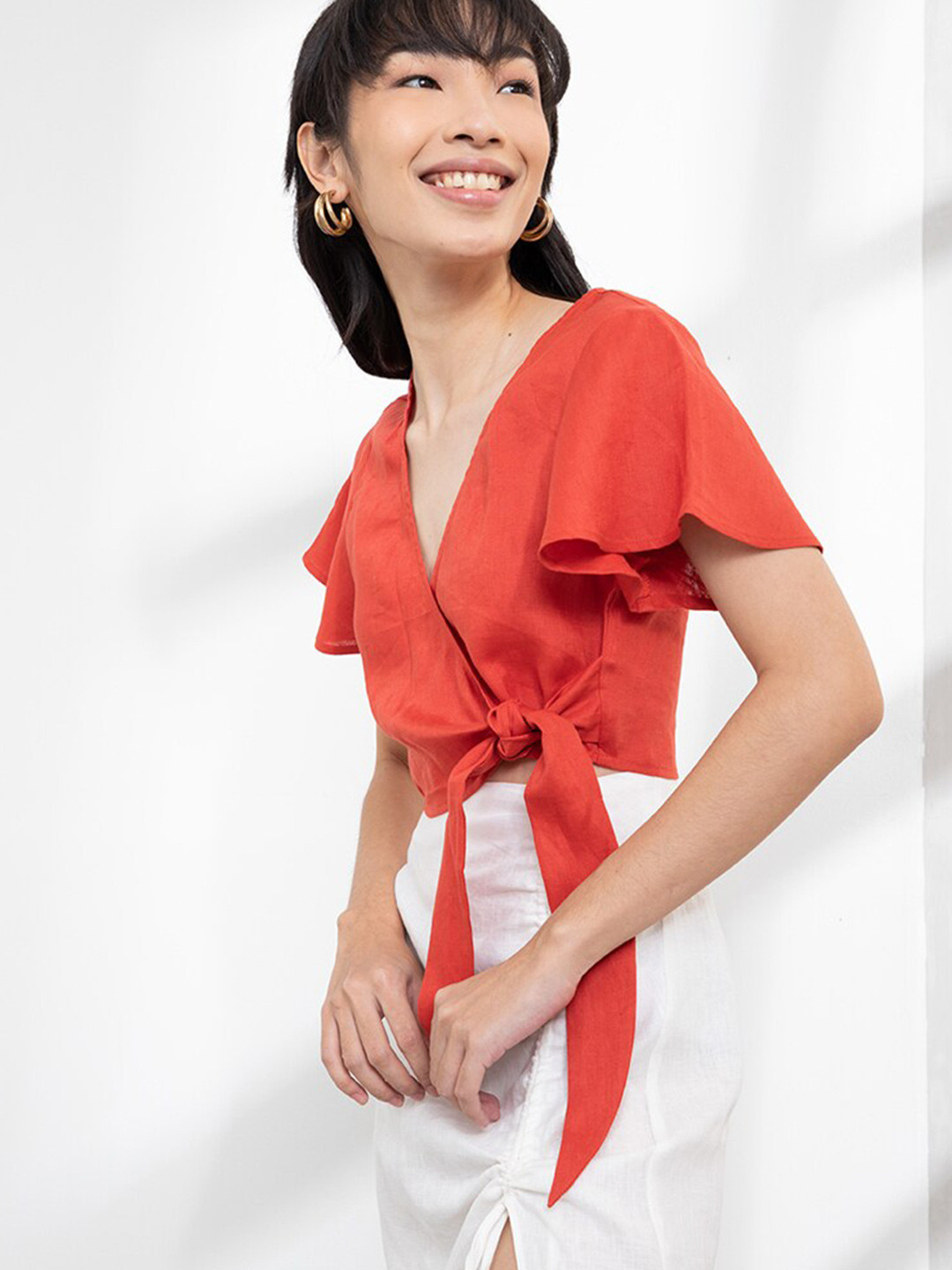 

ORIGIN BY ZALORA Orange Linen Wrap Crop Top