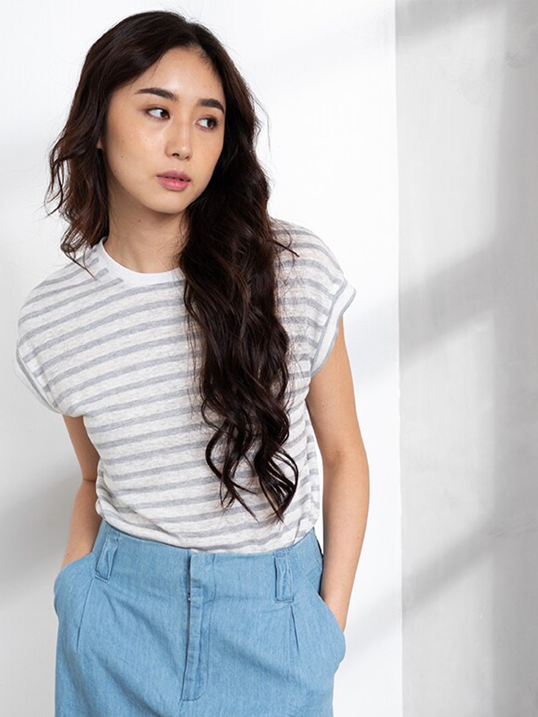 

ORIGIN BY ZALORA Off White & Grey Striped Extended Sleeves Pure Linen Knitted Top